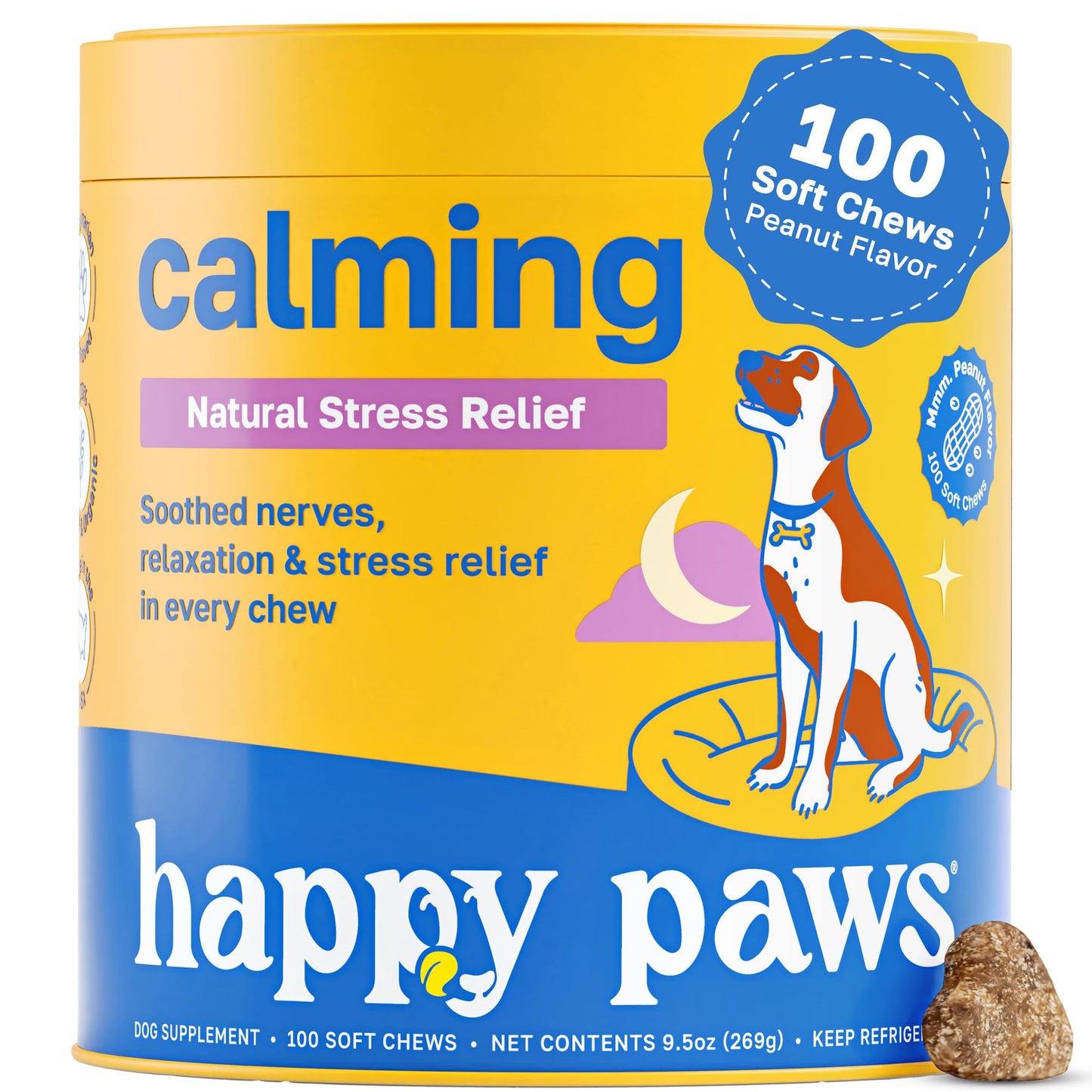 Happy Paws Calming Chews for Dogs, Soft Chews with Chamomile, Passion Flower, Valerian Root, Tryptophan & Theanine, Supports Relaxation, Balanced Behavior & Sleep, Vegan Peanut Butter Flavor 100 Count