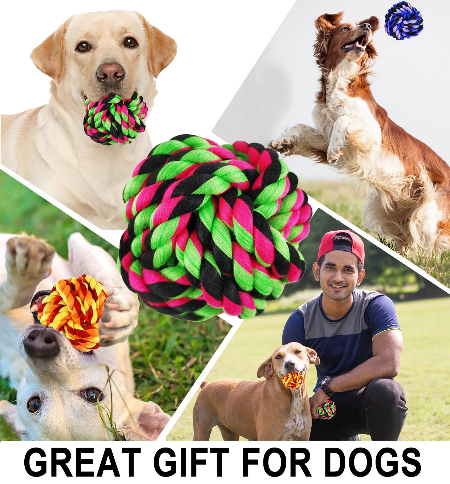 LosFong Large Dog Chew Toys for Aggressive Chewers, 6 Pack Almost Indestructible Dog Balls, Heavy Duty Dental Cotton Rope Toy, Puppy Teething Toys