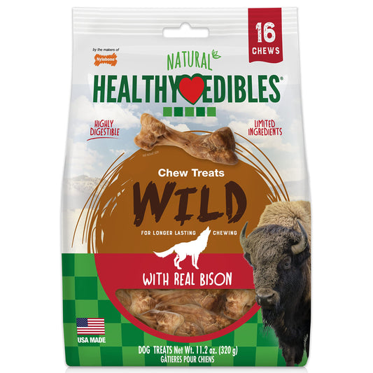 Nylabone Healthy Edibles WILD Natural Dog Chew Treats for Small Dogs, Long Lasting Dog Chew Bones Made in USA, Bison Flavor, For Dogs Up to 25 lbs. (16 Count)