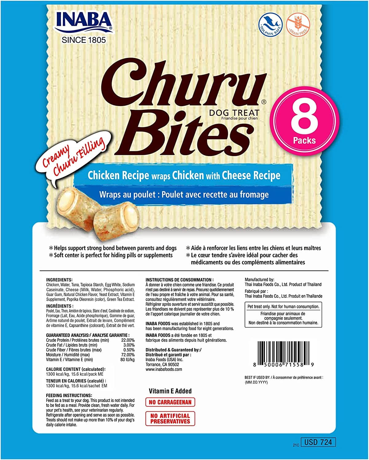 INABA Churu Bites for Dogs, Grain-Free, Soft/Chewy Baked Chicken Wrapped Churu Filled Dog Treats, 0.42 Ounces Each Tube | 24 Tubes Total, Chicken with Cheese Recipe