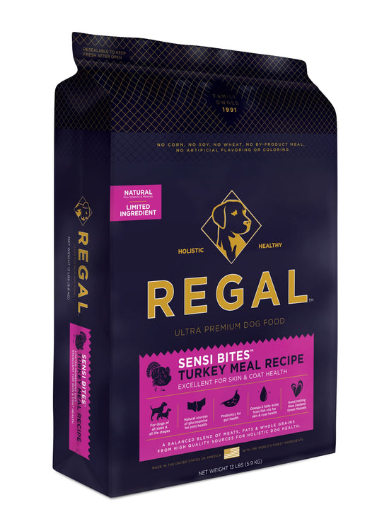 Regal Pet Foods Adult Sensi Bites Turkey Meal Recipe - All Natural, Limited Ingredient Dry Dog Food for All Breeds and Sizes of All Life Stages - Made in The USA, 13 LB Bag