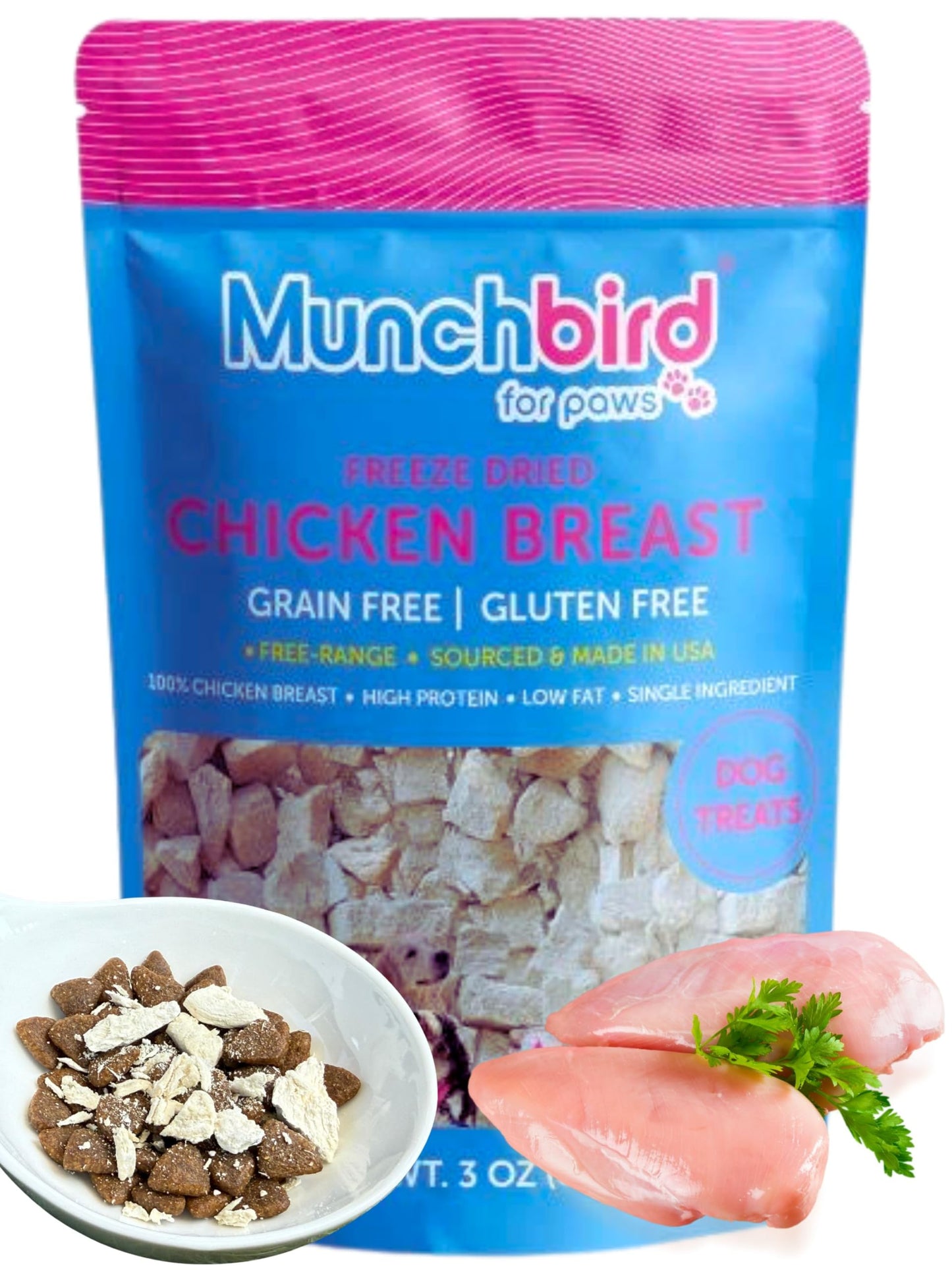 Munchbird USA Free Range Human Grade Chicken Breast Food Topper for Dogs, Freeze-Dried, High Protein Low Fat, Grain Free, Makes Chicken Soup