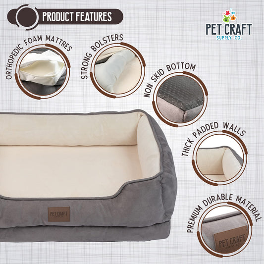 Pet Craft Supply Premium Orthopedic Lounger Dog Bed Sofa Style Couch Removable Washable Cover Joint Arthritis Relief Bolster Headrest Pet Bed for Small Dogs Medium Large Breed Dogs, Cream (8730)