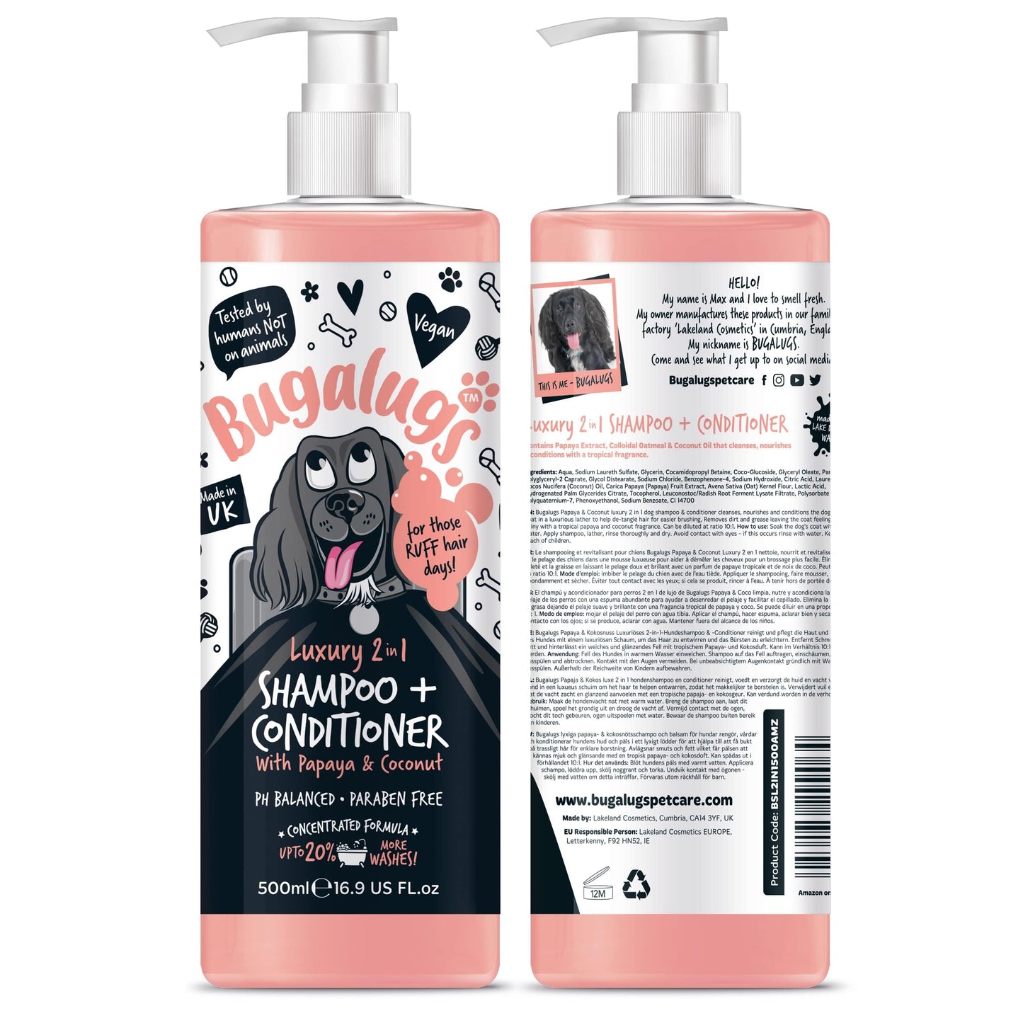 BUGALUGS Dog Shampoo Luxury 2 in 1 Papaya & Coconut Dog Grooming Shampoo Products for Smelly Dogs with Fragrance, Best Puppy Shampoo, Professional Groom Vegan pet Shampoo & Conditioner
