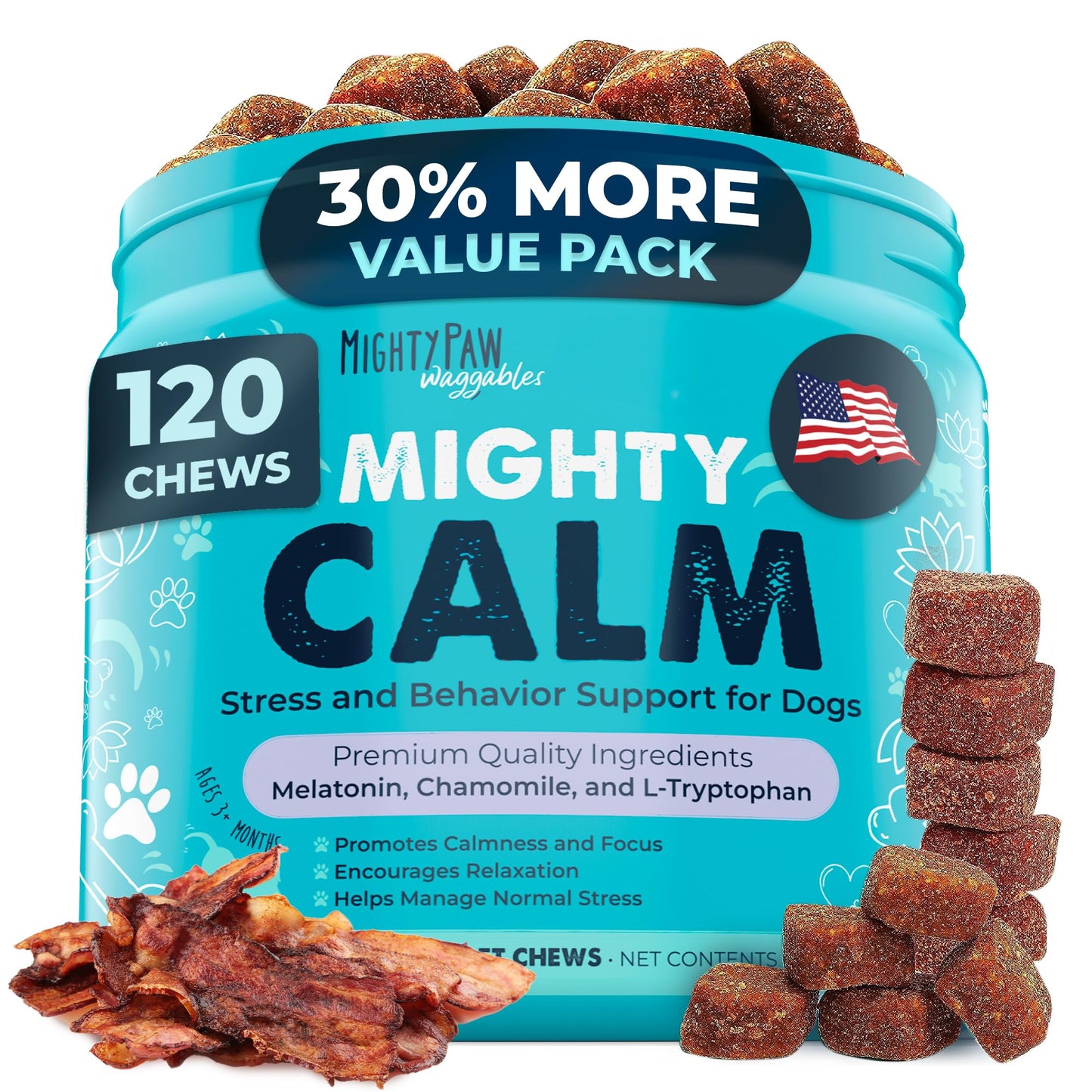Mighty Paw Calming Chews for Dogs with Melatonin - Vet Formulated Dog Sleep Aid - Puppy & Large Pet Treats - Waggables Calm -Composure Calming Chews for Stress & Relaxation, 120 Count (Made in USA)
