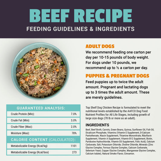 Fresh Dog Food, All Natural Complete Meal or Kibble Topper, Shelf Stable Premade Wet Recipe with Added Vitamins & Minerals for Picky Eaters Puppies Seniors (Beef, 6 x 8.75oz Cartons)