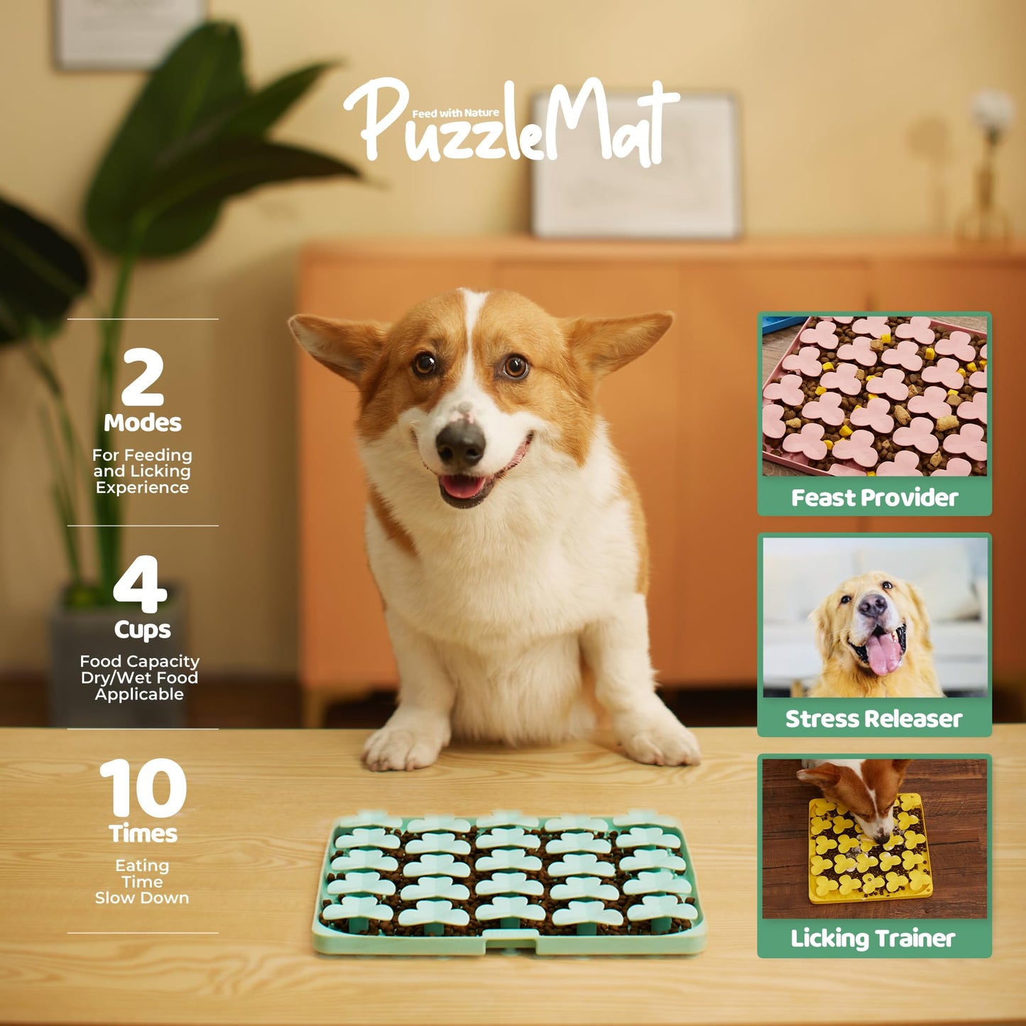 Silicone Mat with Suction Cups, Slow Feeder Bowl for Dry and Wet Food, Enrichment for All Breed Dogs, Green