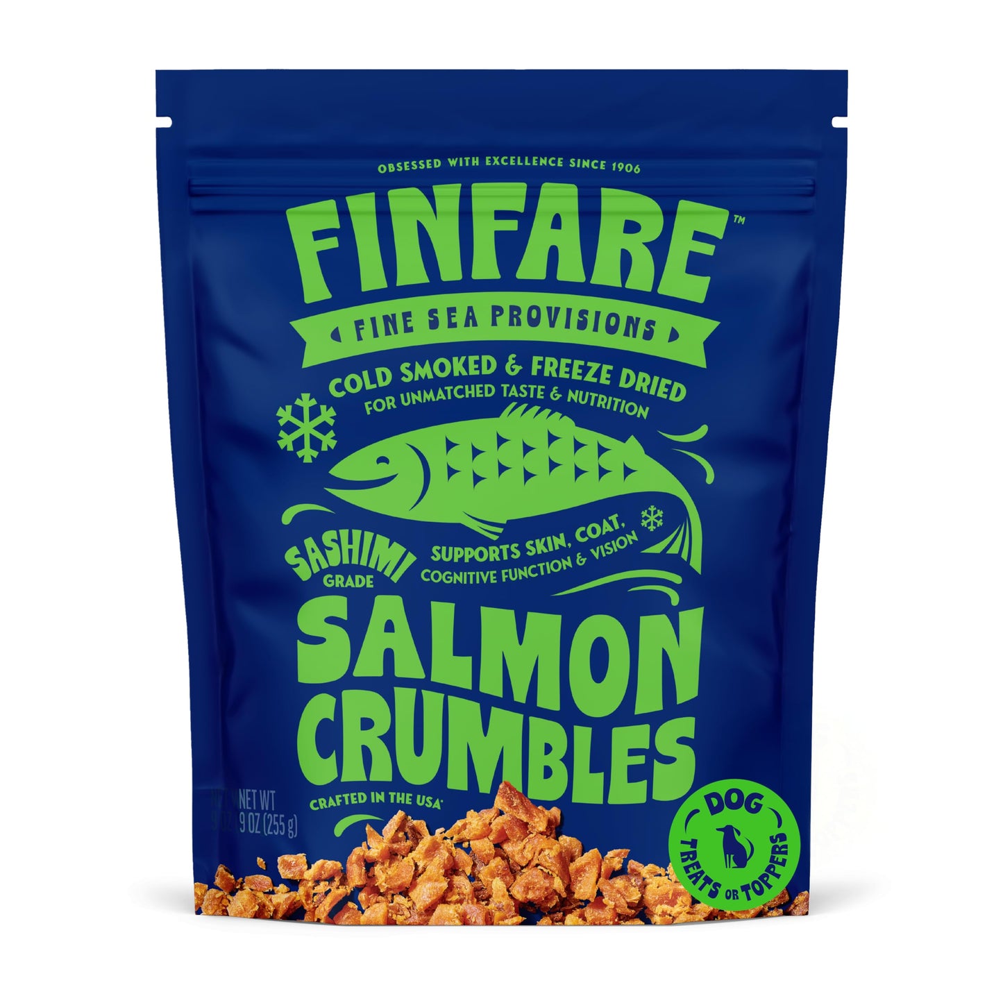Finfare Freeze Dried Dog Treats, Salmon Crumbles, Protein & Omega-3s, Grain Free Salmon Dog Training Treats and Meal Topper, Crafted in USA, 9oz
