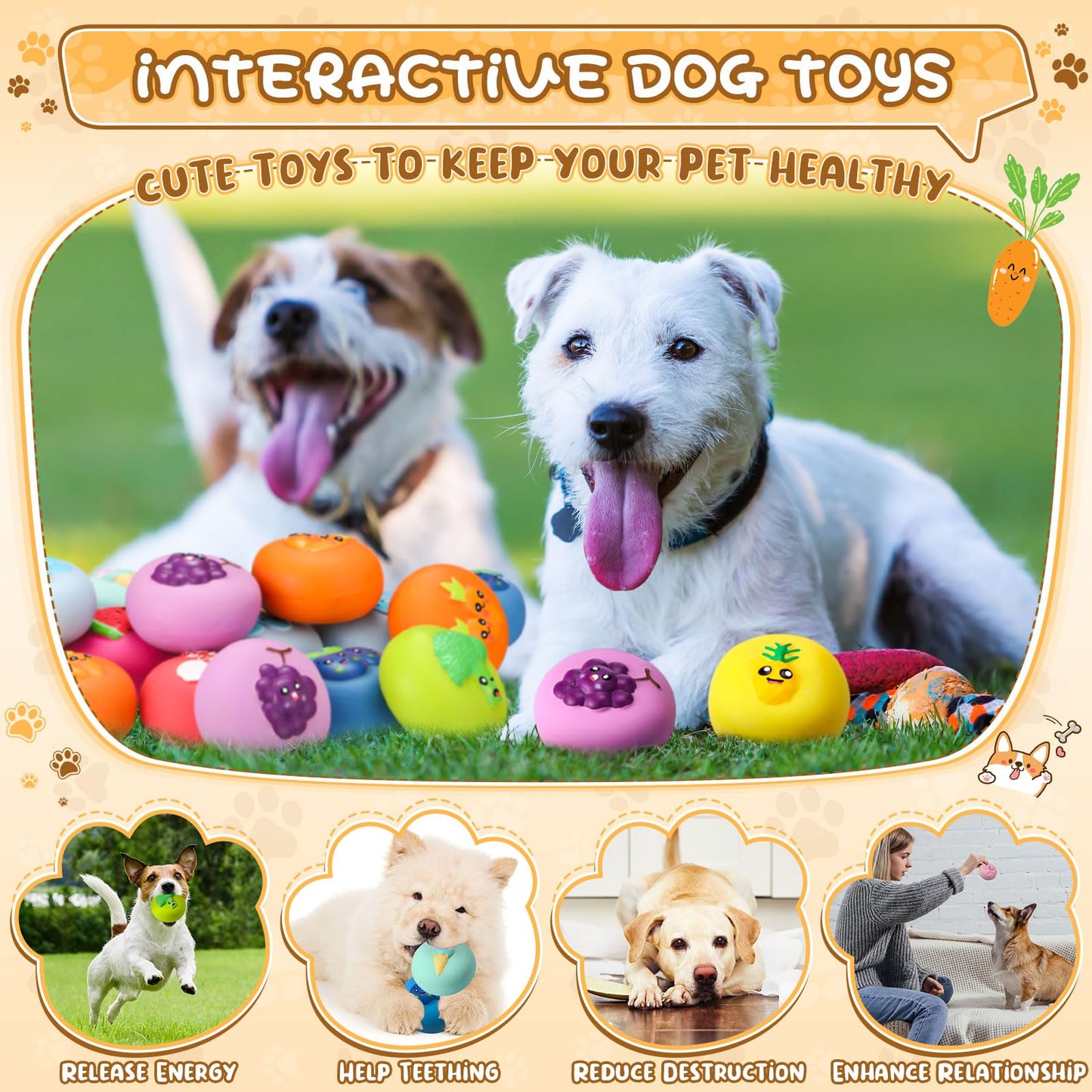 Hungdao 40 Pcs Bulk Dog Squeaky Toys Soft Rubber Latex Dog Toys Small Squeaky Balls Interactive Fetch Balls for Teething Small Pet Breeds Training(Cute Fruit)