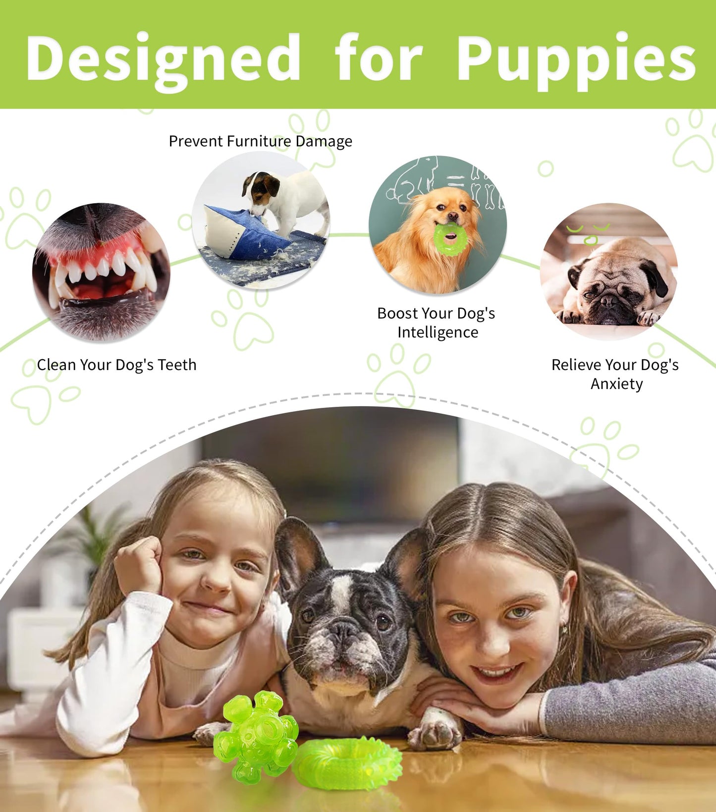 SPOFLY Puppy Chew Toys for Teething, Non-Toxic Durable, Interactive Teething Rings & Bouncing Ball - Boredom-Busting, Brain-Stimulating Puzzle Toy, Enrichment Treat Dispensing - Bright Green