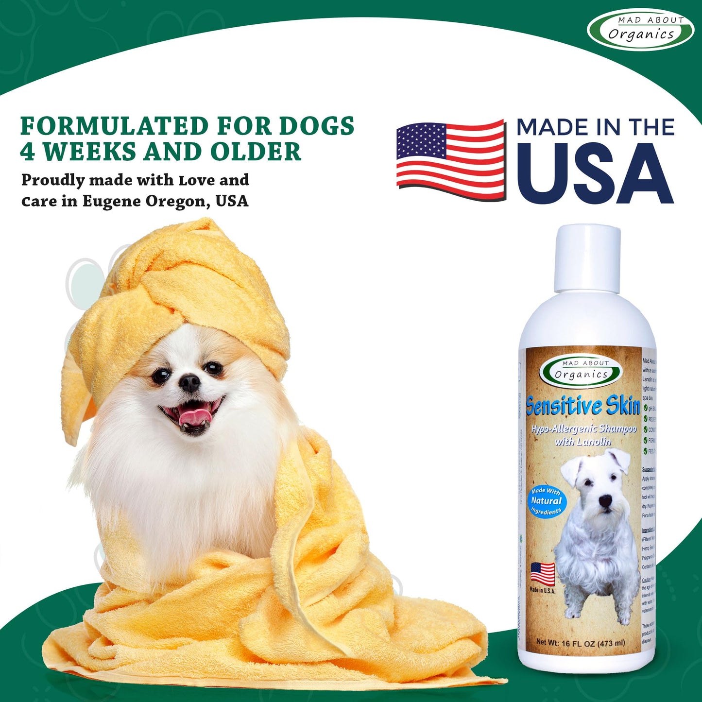 Mad About Organics Dog Shampoo for Sensitive Skin - Lanolin-Enriched Formula - pH Balanced to Support Natural Oils - Light Citrus Scent - Suitable for All Dogs - Moisturizes and Softens Coats - 16 oz