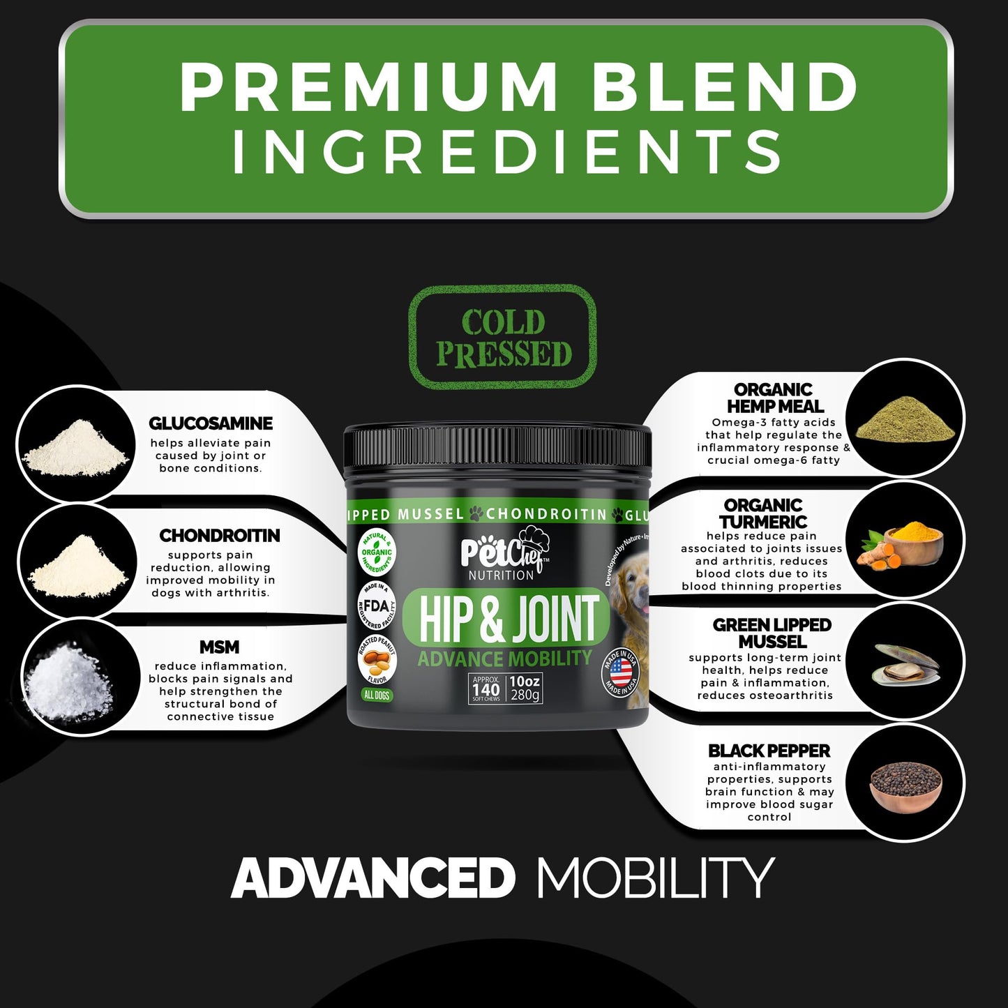 Pet Chef Dog Hip & Joint Pain Relief Supplement - Glucosamine, Chondroitin, MSM, Turmeric - Cannine Arthritis Pain Relief & Mobility Chews - Hip Joint Support Treats Peanut Butter 140ct Best Price!