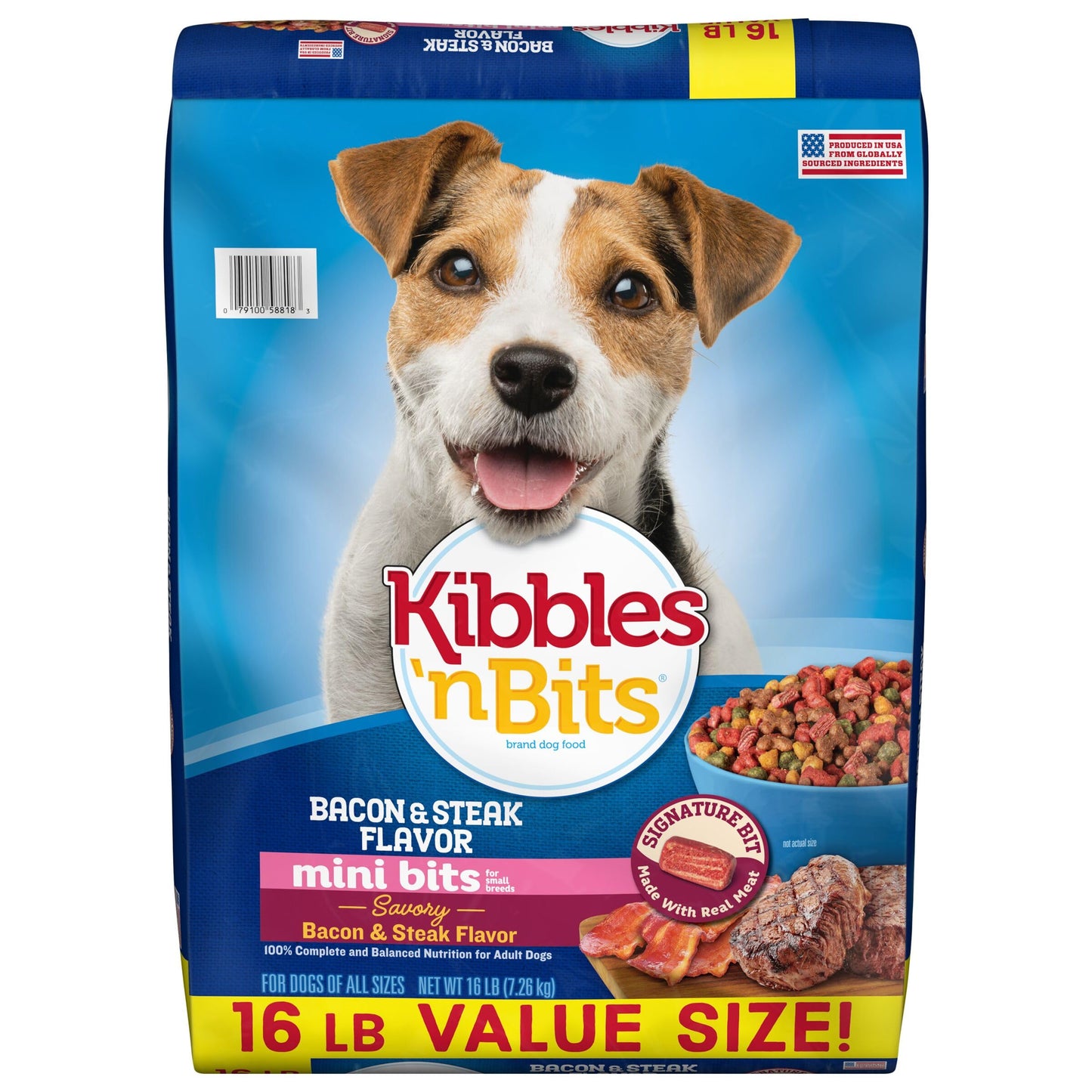 Kibbles 'n Bits Mini Bits Small Breed Dry Dog Food, Savory Bacon & Steak Flavor for Adult Dogs, 16 lb. Bag