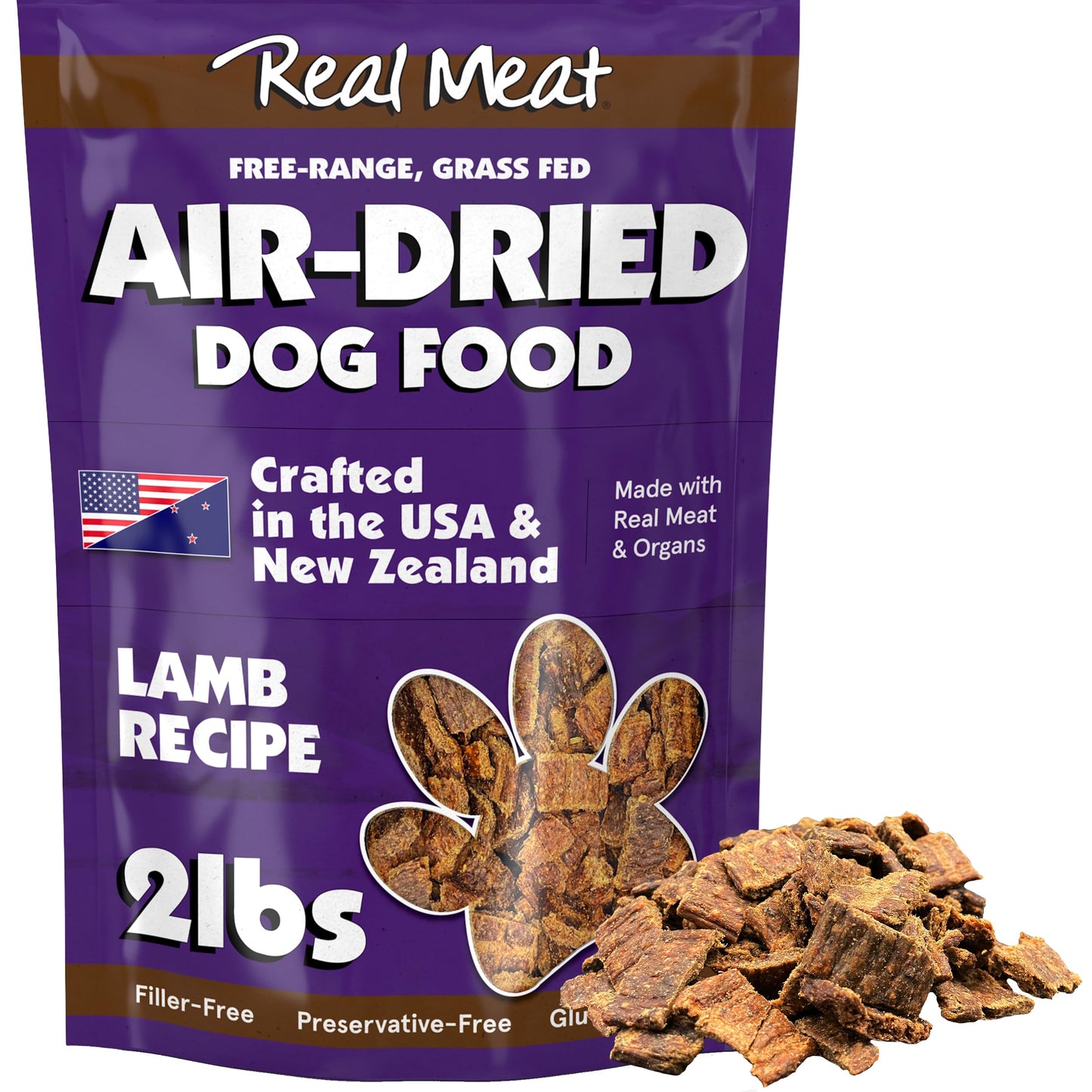 TRMC Real Meat Air Dried Dog Food w/Real Lamb - 2lb Bag of USA-Crafted Grain-Free Real Meat Dog Food Sourced from Hormone-Free, Free-Range, Grass-Fed Lamb - Digestible, All Natural, High Protein Lamb