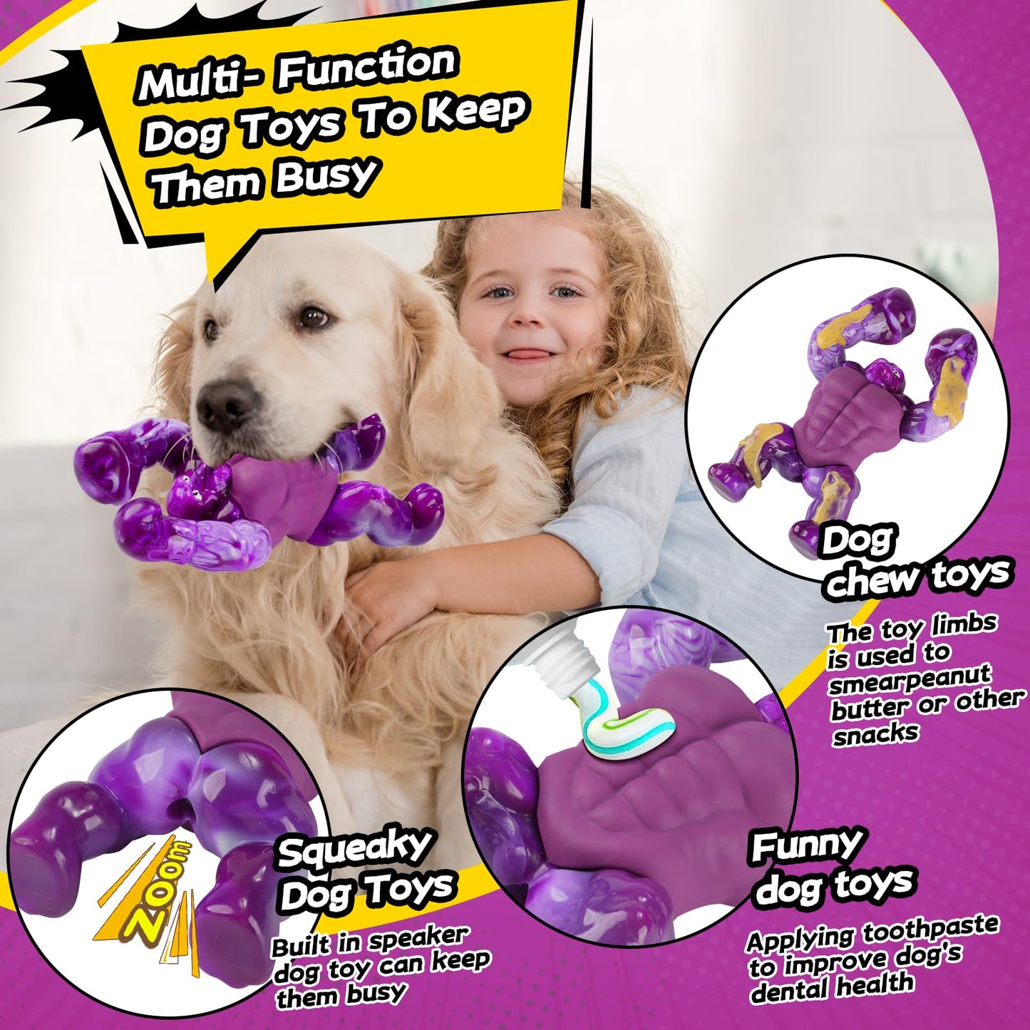 Dog Toys for Aggressive Chewers, Indestructible Chew Toys for Medium Large Breeds(20-80lb), Durable Squeaky Tough Dog Toy to Keep Them Busy (Purple)
