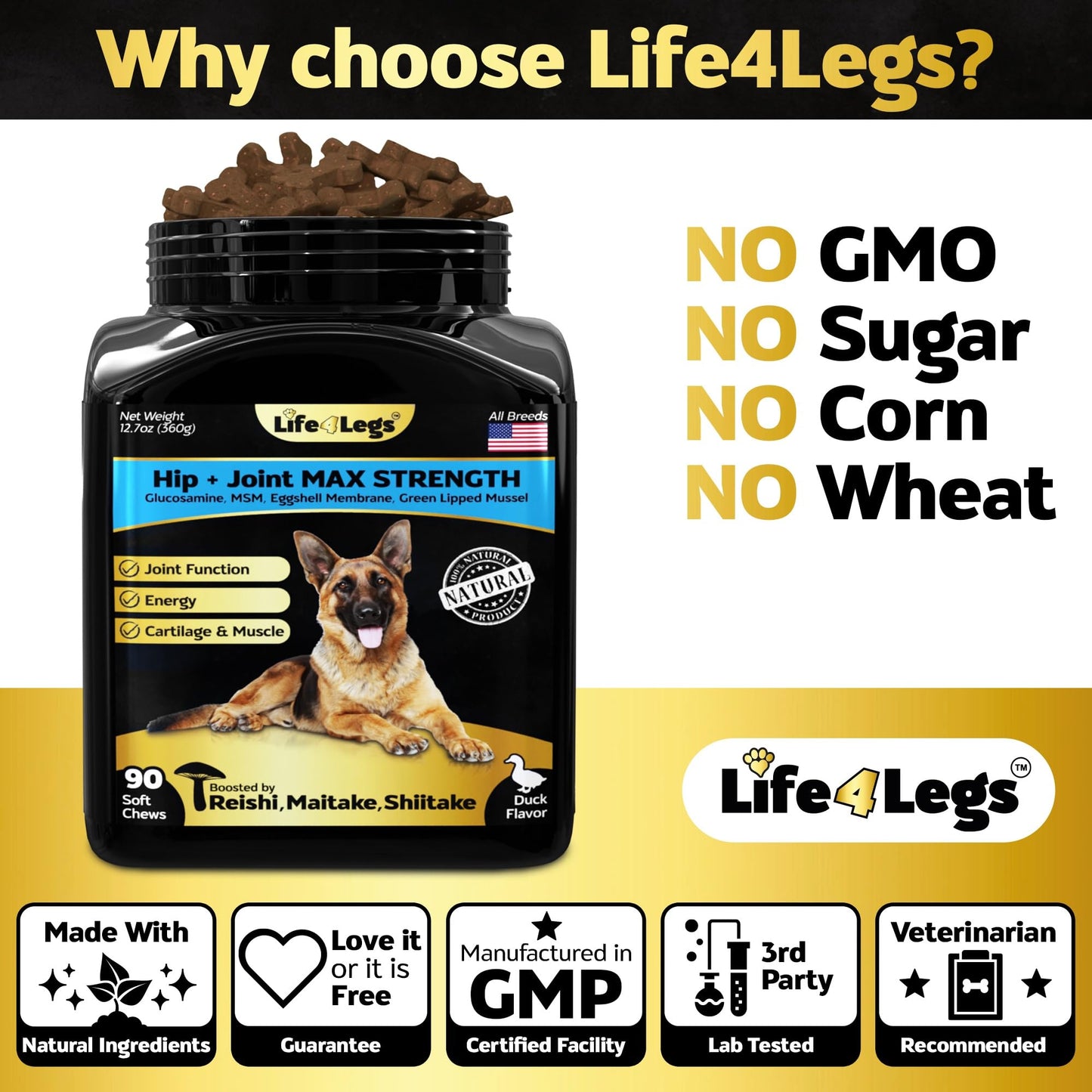 Life4Legs - Soft Chews Hip and Joint Supplement for Dogs - Dog Joint Pain Relief Treats - Glucosamine, Chondroitin, Turmeric- Mobility Supplement