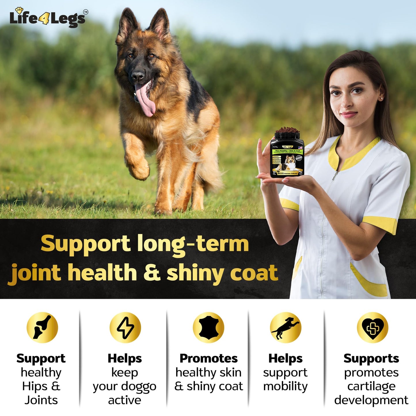 Life4Legs - Hip and Joint Chews for Dogs + Skin and Coat Supplement - Dog Joint Pain Relief Treats - Glucosamine, Chondroitin, MSM, Hemp Oil, Turmeric, Omega 3 for Dogs, Mobility Dog Health Supplies