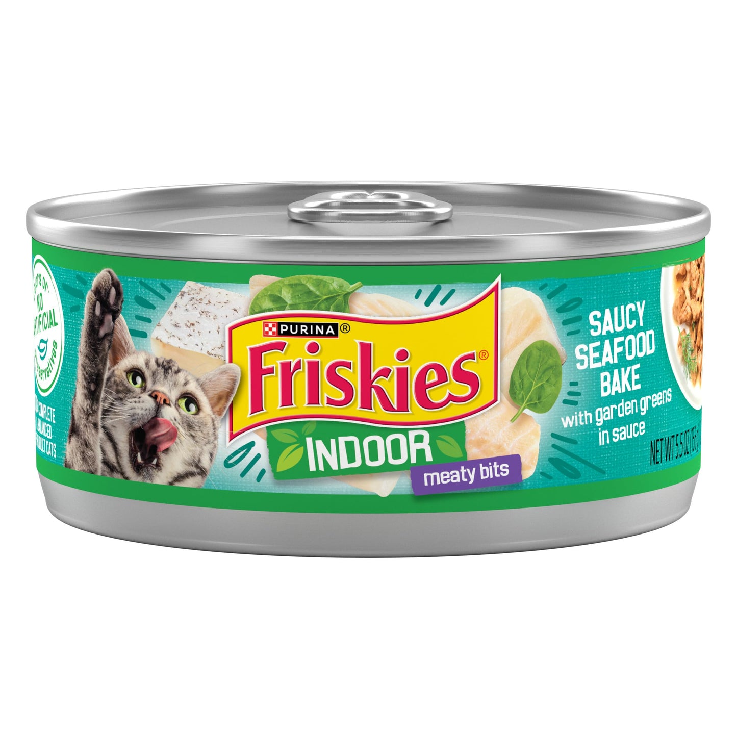 Purina Friskies Indoor Cat Food Meaty Bits Saucy Seafood Bake With Garden Greens in Sauce - (Pack of 24) 5.5 oz. Cans