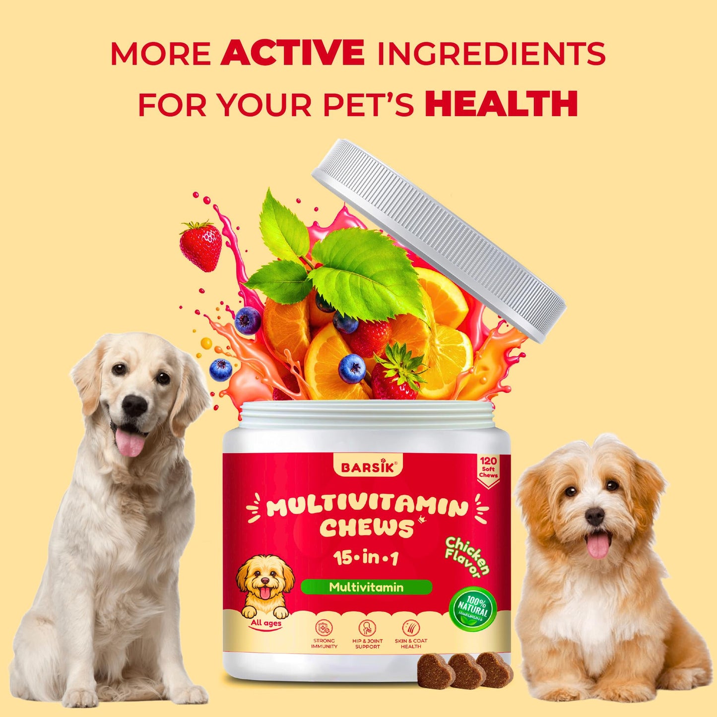 Dog Multivitamin, Chewable Dog Vitamins and Supplements for Hip & Joints, Skin & Coat, Omega 3 Oil for Dogs Immune, Heart & Digestive Health, Senior & Puppy Multivitamin - Chicken Flavor - 120ct