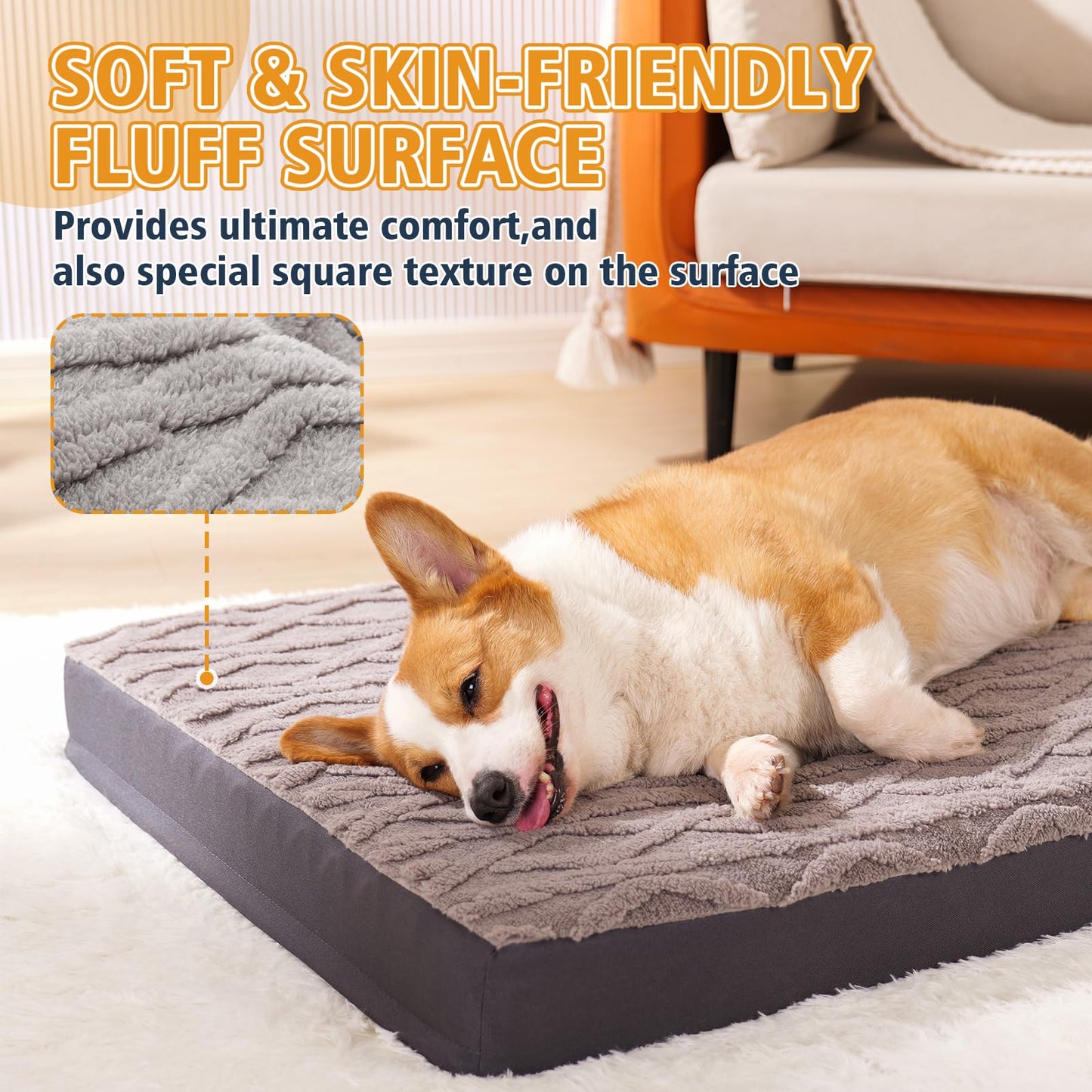 Maihandasi M Waterproof Dog Crate Bed - Soft Comfort Fluffy Memory Foam Pet Bed with Anti-Slip Bottom, Machine Washable Dog Bed for Kennel, 35"x22"x3", Grey