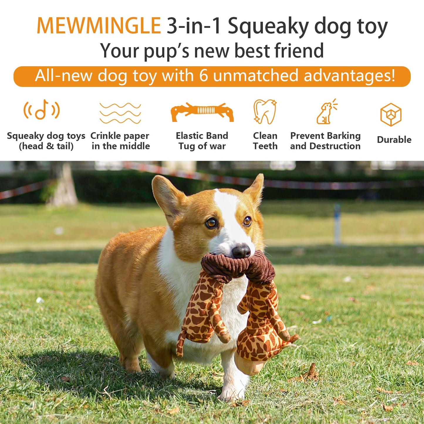 MEWMINGLE 3-in-1 Squeaky Dog Toy for Chewer (Squeaker, Crinkle Paper & Elastic Band), Durable Interactive Puppy Plush Stuffed Chew Toy for Boredom, Tug of-War, for Small Medium Large Breed (Giraffe)