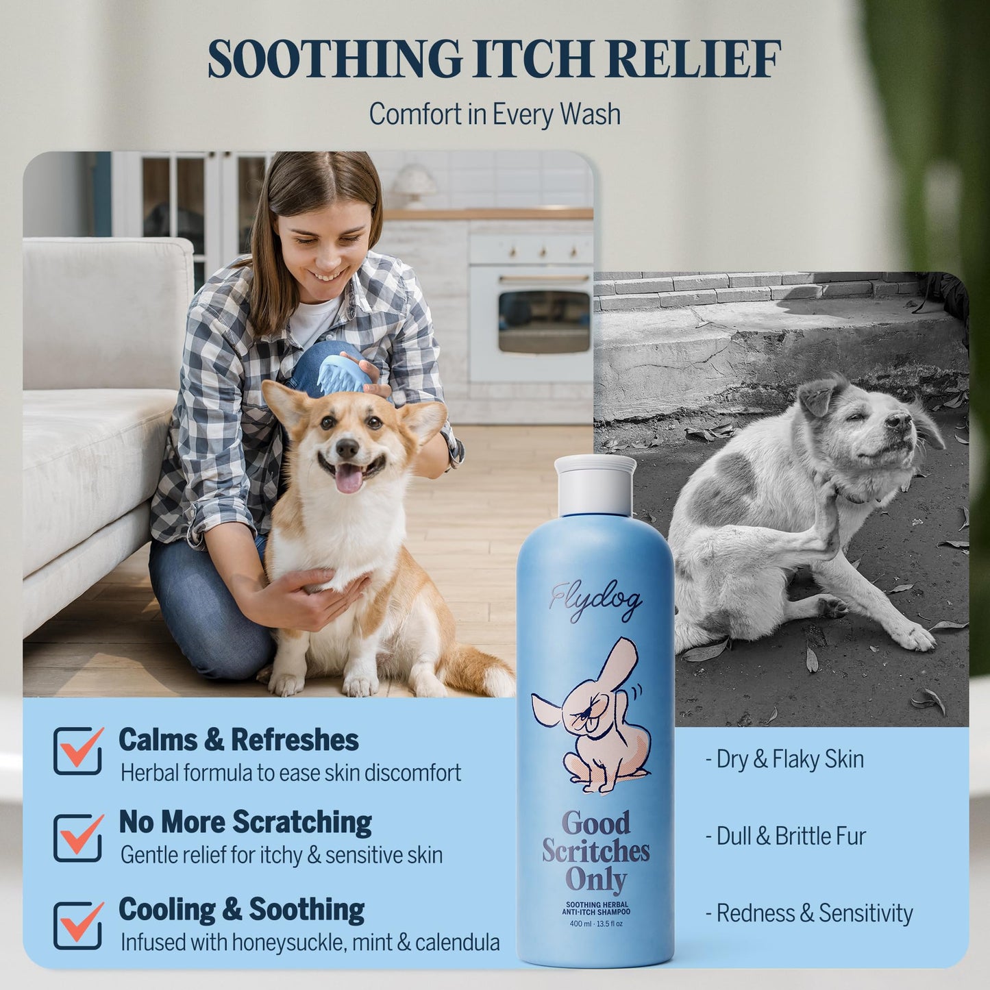 FLYDOG Itchy Skin Relief Shampoo for Dogs & Cats - Natural Herbal, Hypoallergenic with Soothing Brush, Moisturizes Dry Skin, Controls Flaking & Odors, Reduces Shedding