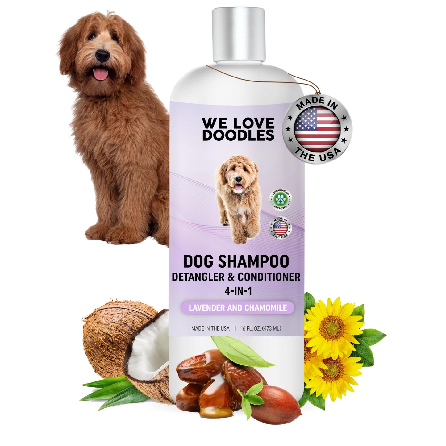 4-in-1 Dog Shampoo Dog Shampoo, Conditioner & Detangler - Best Shampoo for Goldendoodles, Poodles & Doodles - for Matted Pet Hair - Made in The USA, 16OZ, Lavender [We Love Doodles]