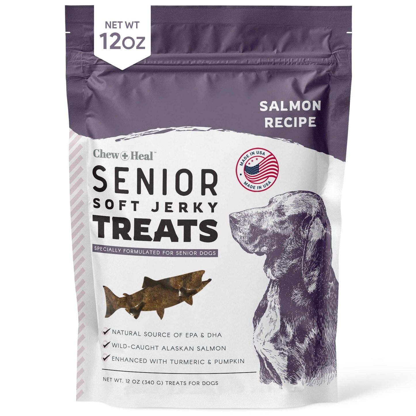 Seniors Soft Jerky Salmon Dog Treats - 12 oz of Omega Dog Joint Supplement, Wild Caught Salmon and Turmeric Jerky - Made in The USA
