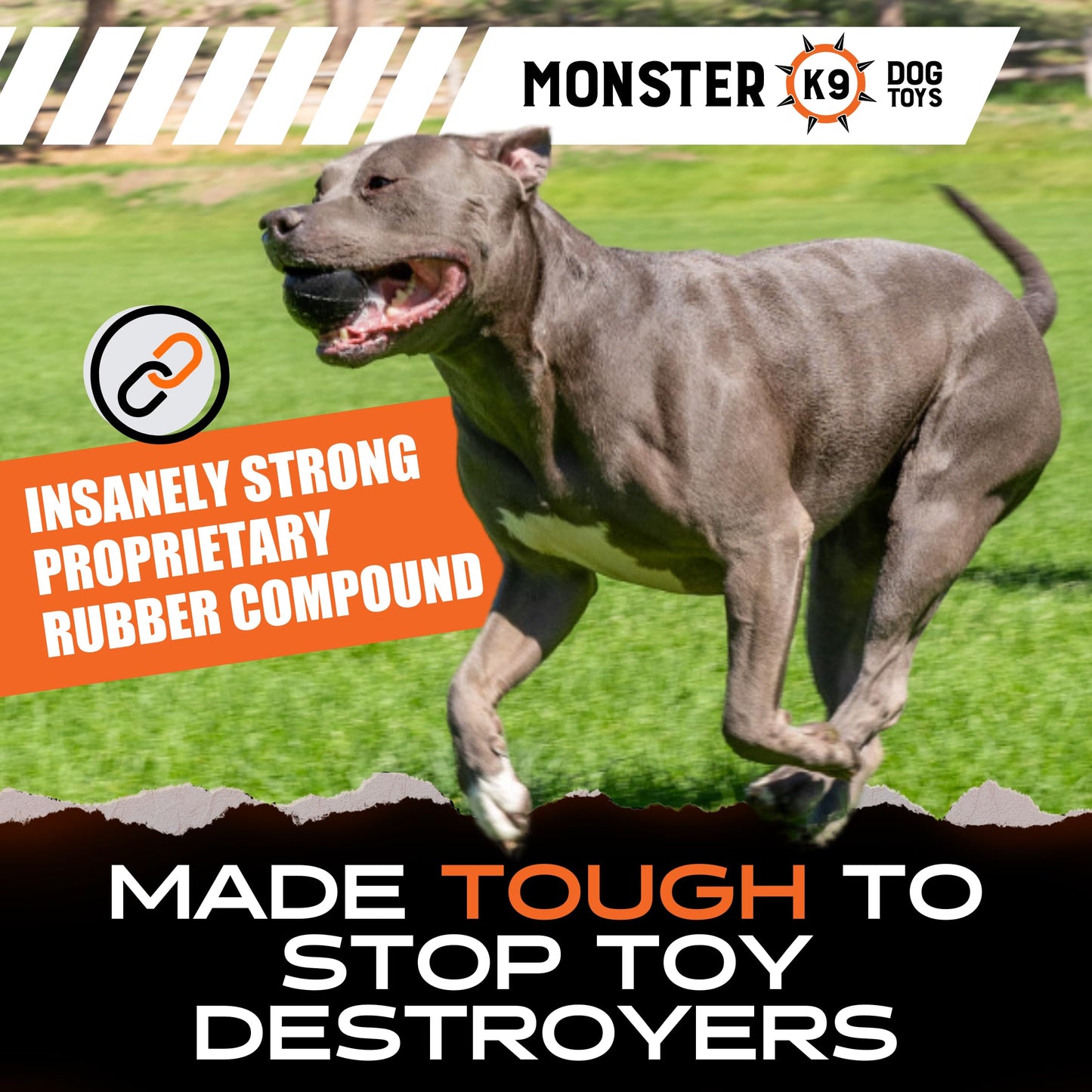 Monster K9 Indestructible Dog Ball – Lifetime Replacement - Durable Toy for Aggressive Chewers - Safe Non-Toxic Natural Rubber - Fetch Chew Toy - Heavy Duty - USA Made - 2.8” Solid (Tennis Ball Size)