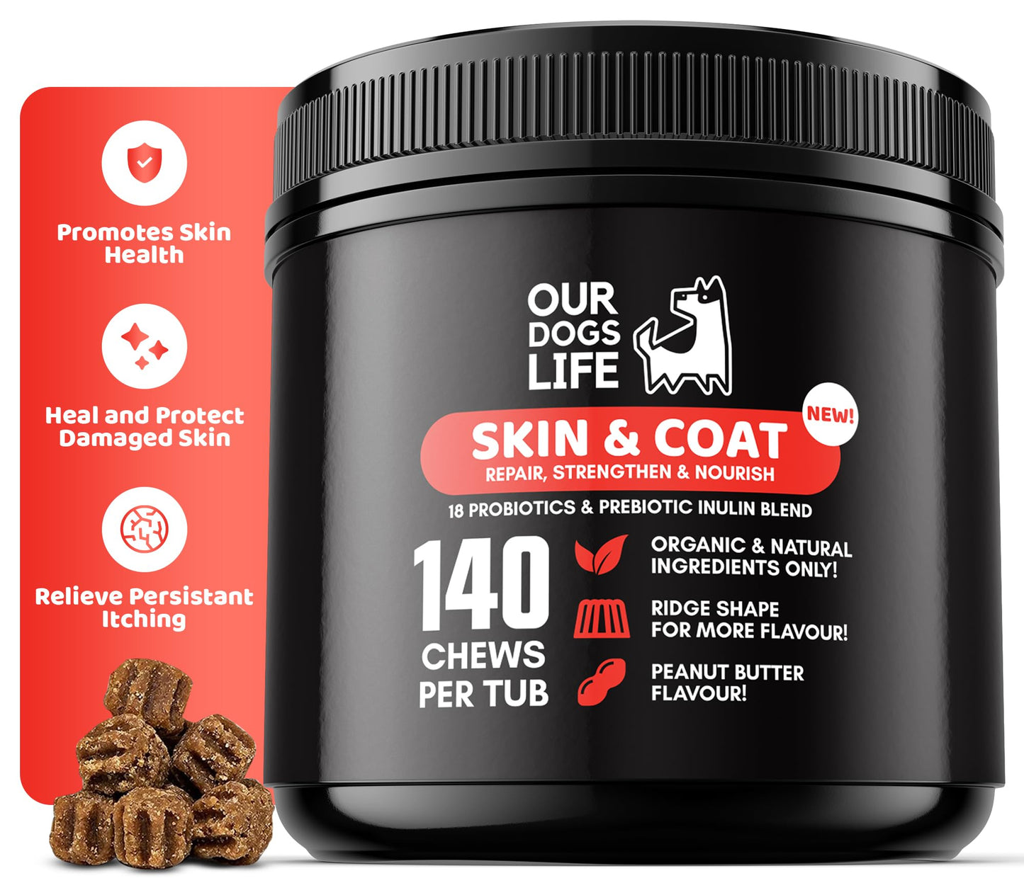 Skin & Coat Supplement for Dogs 140 Chews | for A Soft Silky Coat, Relieve Dry Skin | Veterinarian-Formulated | Essential Omega-3 EPA and DHA Blend | Non-GMO, No Fillers & Gluten Free