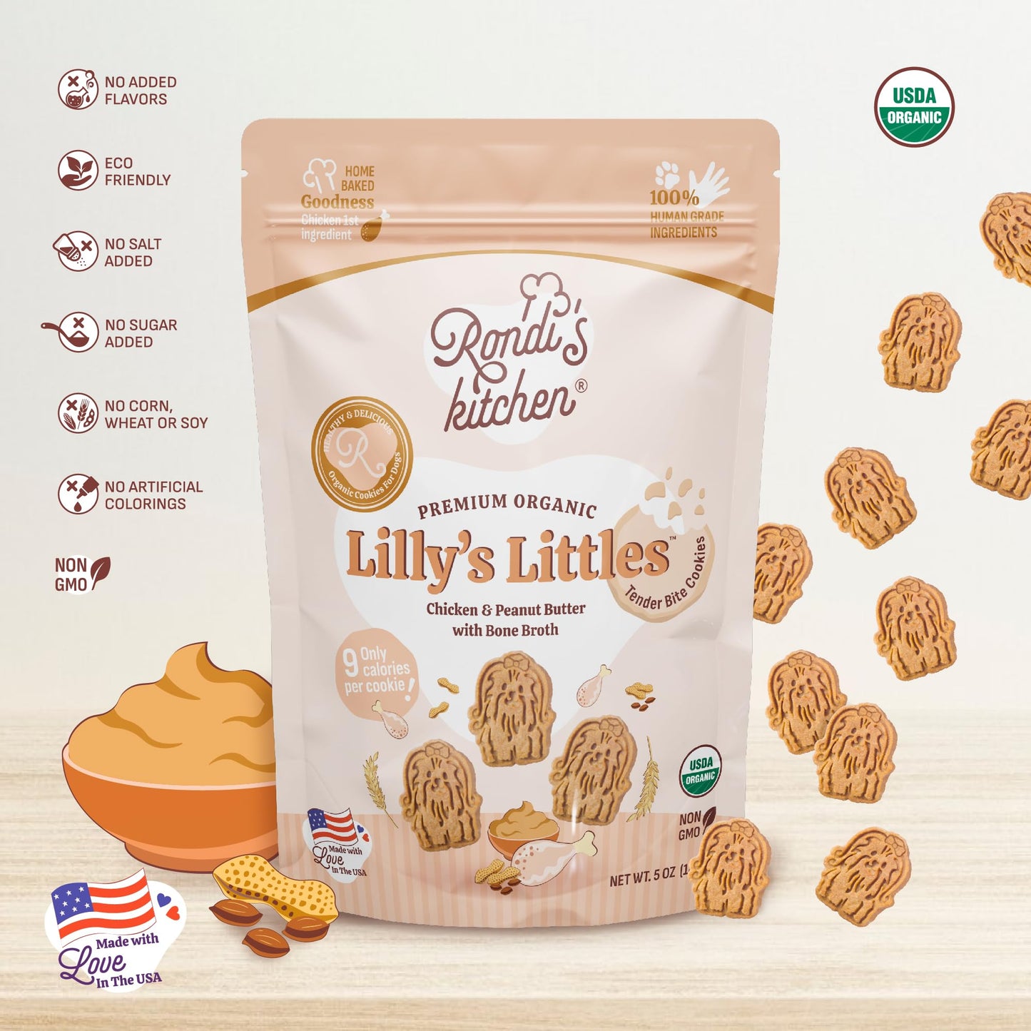 Rondi's Kitchen Lilly's Littles All-Natural & Organic Healthy Soft Dog Treats, Healthy Snacks for Small Dogs, Puppies, and Seniors, Tender Bite Cookies, Human Grade - Chicken & Peanut Butter