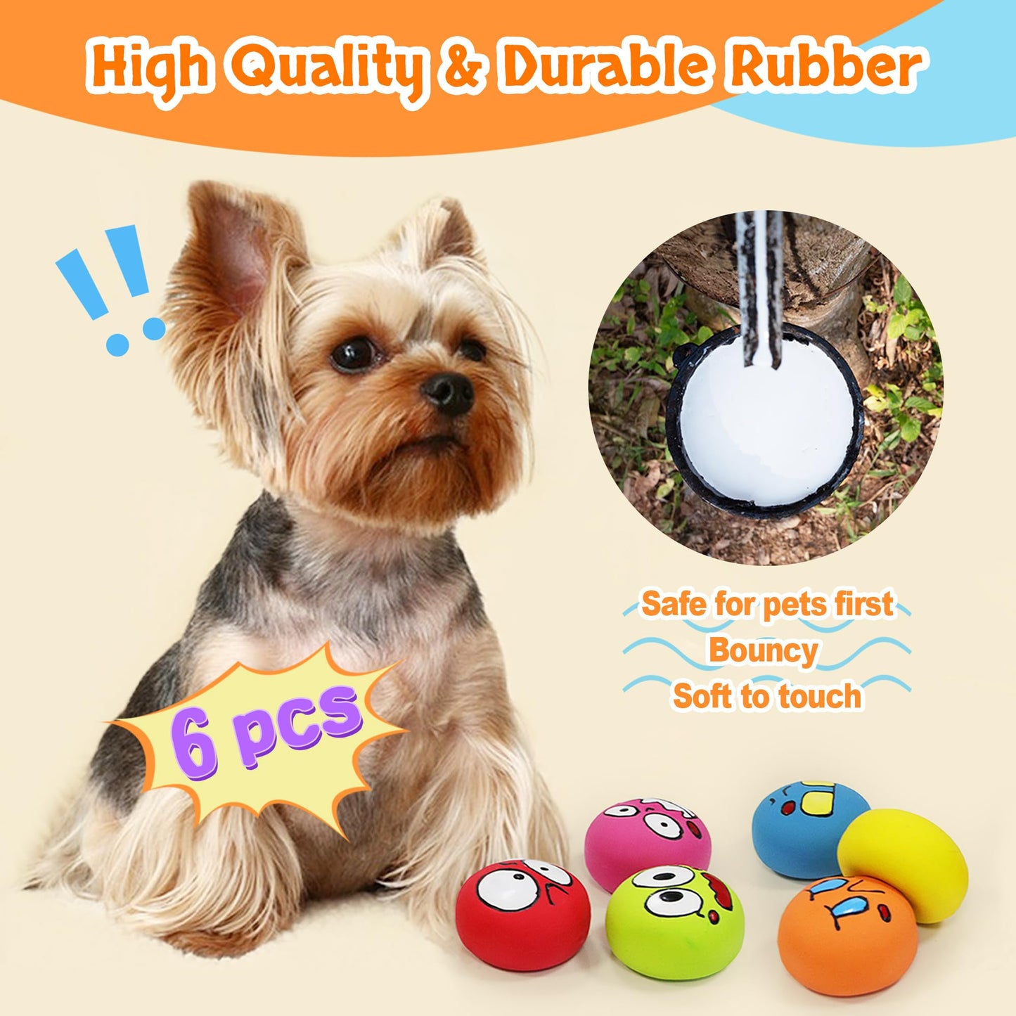GUIWAWA Squeaky Dog Toys, Natural Rubber Dog Balls Durable for Small & Medium Puppy/Dogs Playtime 6 Pcs/Set