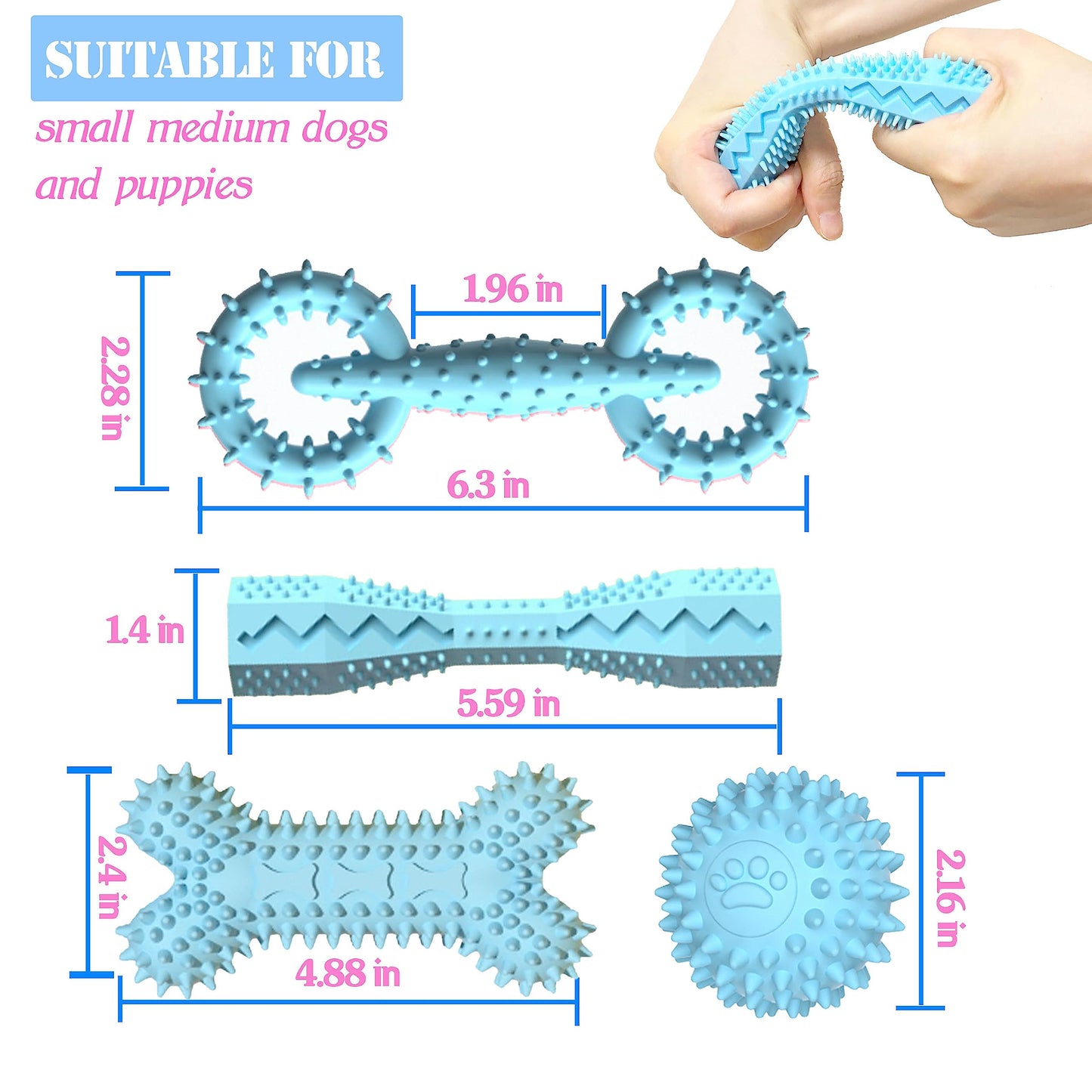 Cdyzqikm 4 Pack Puppy Teething Toys 0-6 Months Dog Chew Toy Cute Rubber Bone,Teeth Clean Ball,Interactive Donut,Treat Dumbbell for Small Dogs(Blue)