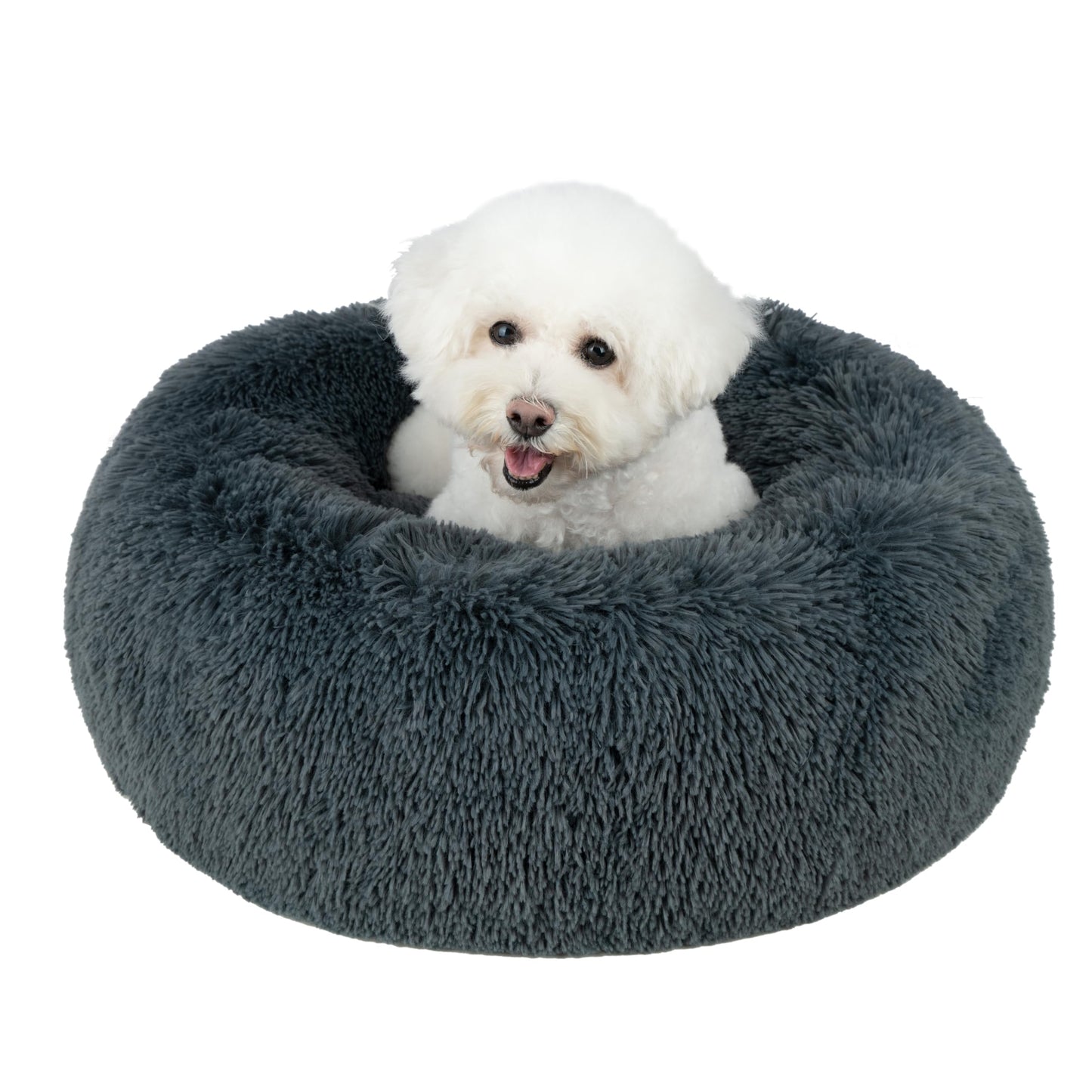 Best Pet Supplies Round Calming Dog Bed with Plush Faux Fur Fabric, Anti-Anxiety Cushion for Indoor Pets, Slip-Resistant Base, Soft Ergonomic Support - Gray, 30x30x8''