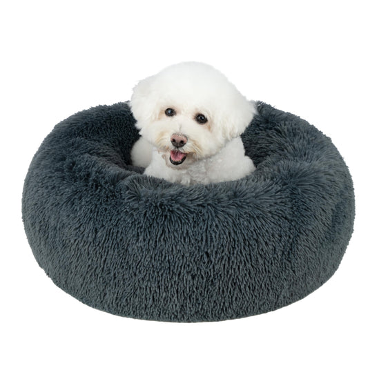 Best Pet Supplies Round Calming Dog Bed with Plush Faux Fur Fabric, Anti-Anxiety Cushion for Indoor Pets, Slip-Resistant Base, Soft Ergonomic Support - Gray, 30x30x8''