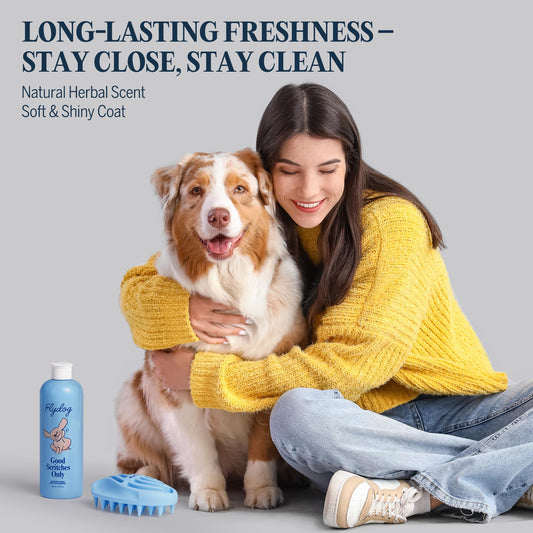 FLYDOG Itchy Skin Relief Shampoo for Dogs & Cats - Natural Herbal, Hypoallergenic with Soothing Brush, Moisturizes Dry Skin, Controls Flaking & Odors, Reduces Shedding