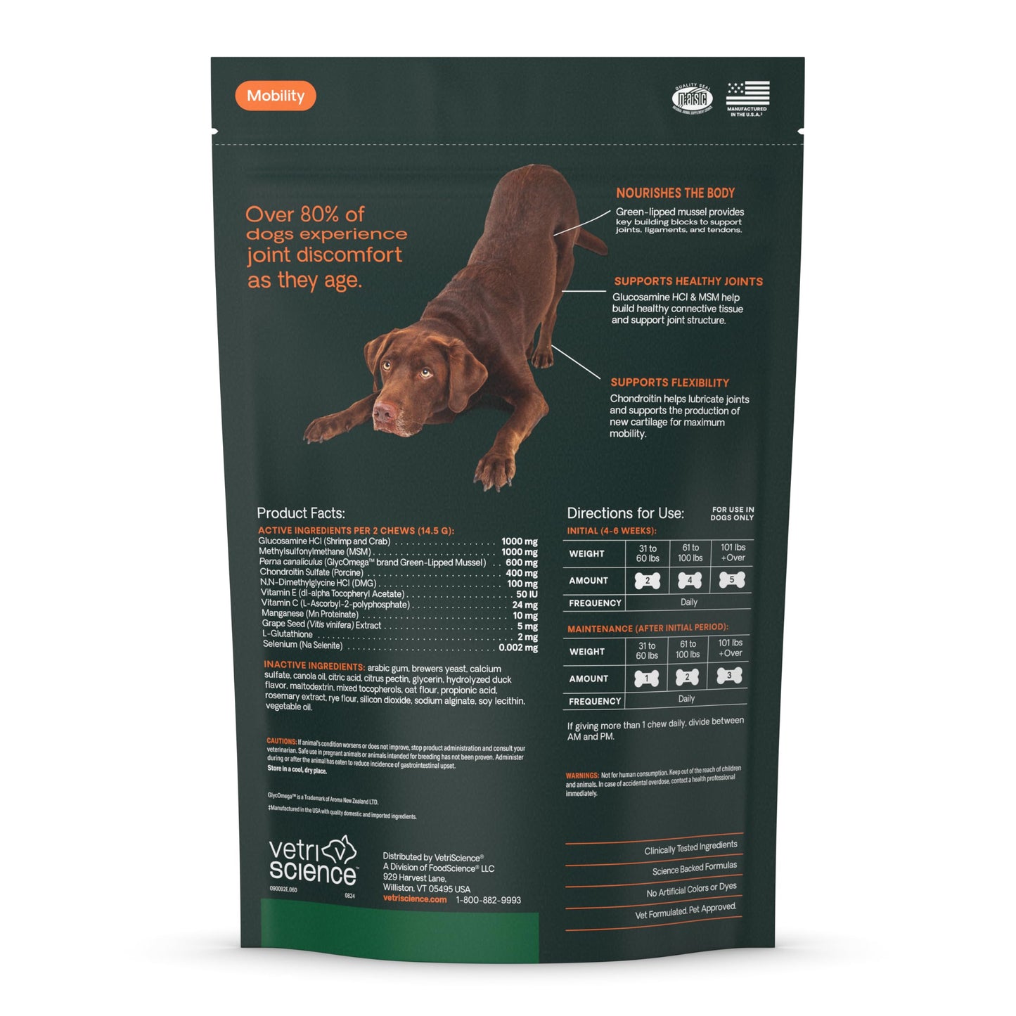 VetriScience Ultimate Strength Healthy Hip & Joint Chews, GlycoFlex Glucosamine, Chondroitin and Green-Lipped Mussel Joint Support Supplement for Dogs, Soothe Joint Discomfort, Duck, 60 Count