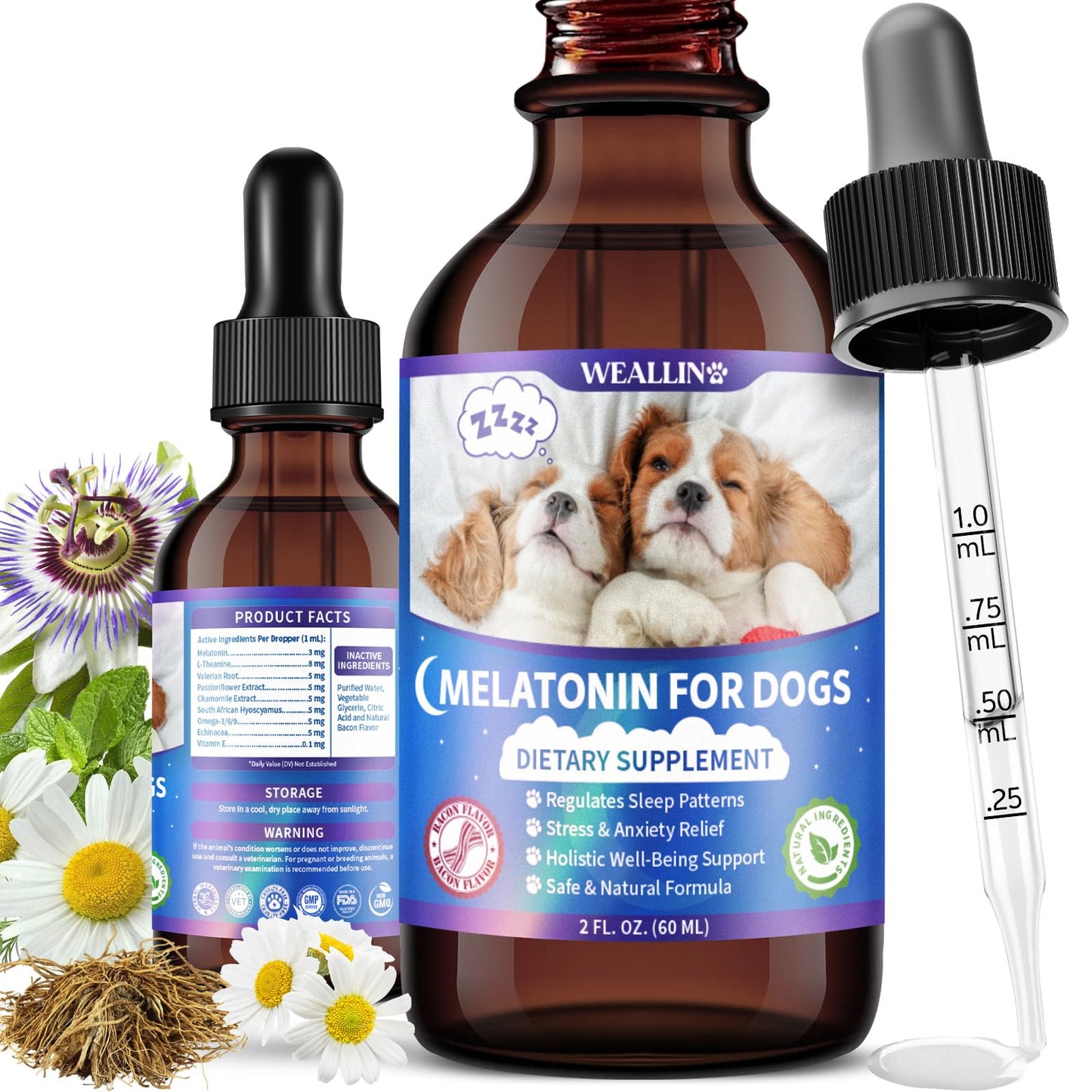 WEALLIN Melatonin for Dogs with L-Theanine & Chamomile | Anxiety Relief & Calming, Relaxation & Sleep Support Liquid Dog Melatonin | Fast-Absorbing & Bacon Flavor (1 PC)