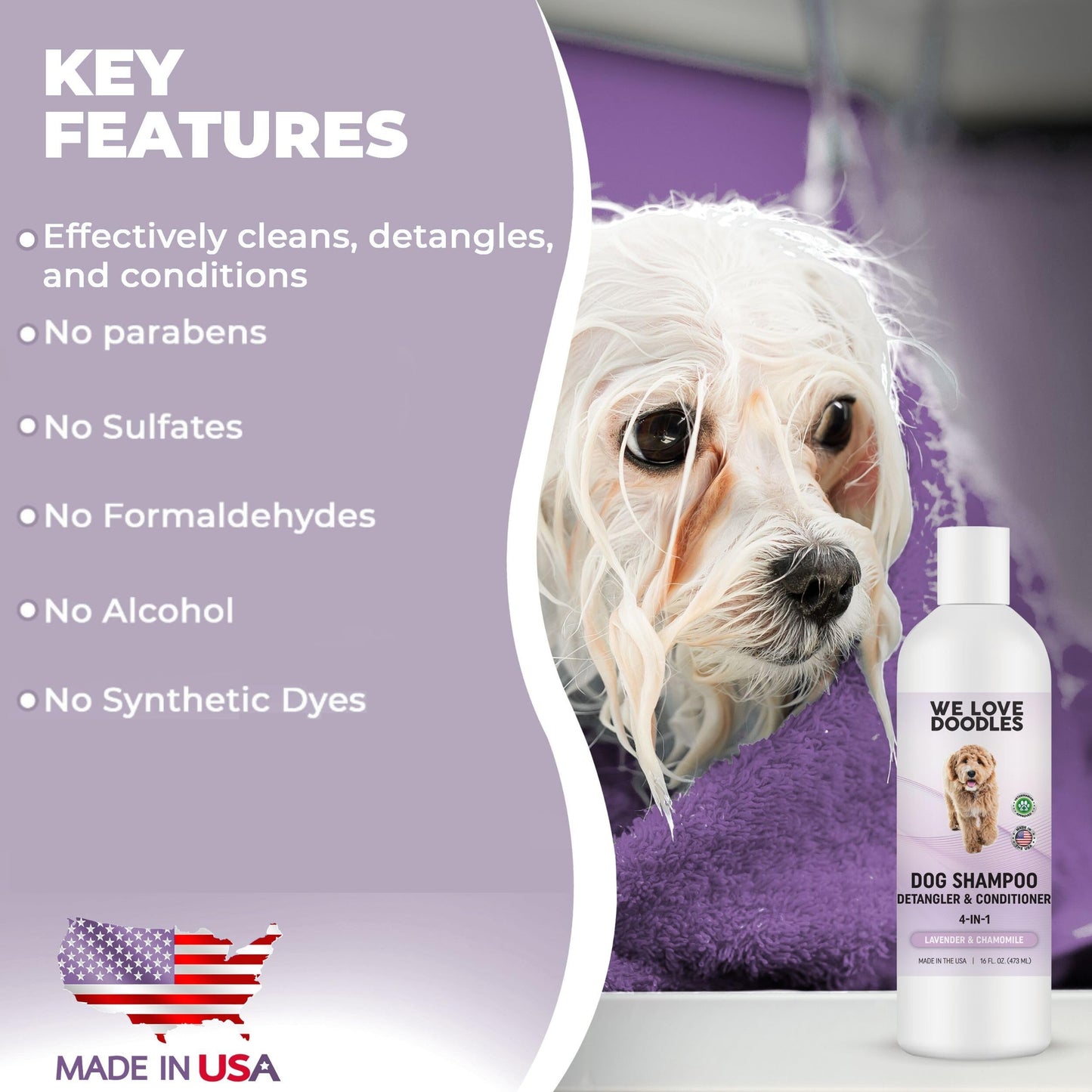 We Love Doodles Bundle Non-Organic Dog Shampoo & Organic Dog Shampoo (Lavender & Chamomile) - 4-in-1 Shampoo Conditioner & Detangler, Best Shampoo for Matted Pet Hair, Made in The USA