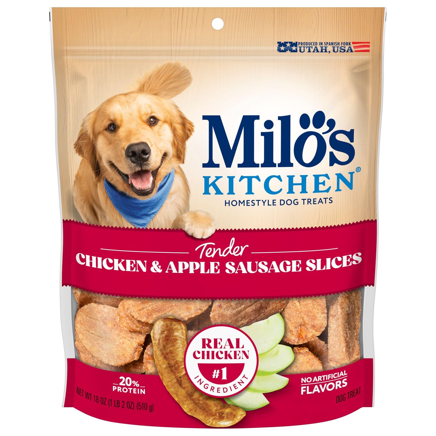 Milo's Kitchen Homestyle Dog Treats, Chicken & Apple Sausage Slices, 18 Ounce, High Protein, No Artificial Flavors