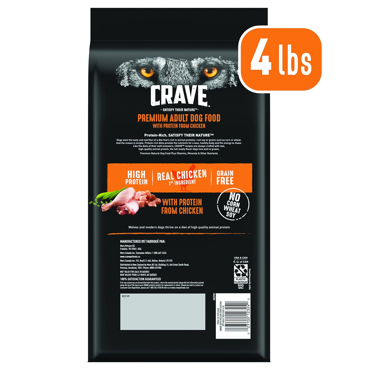 CRAVE Grain Free High Protein Adult Dry Dog Food, Chicken, 4 lb. Bag