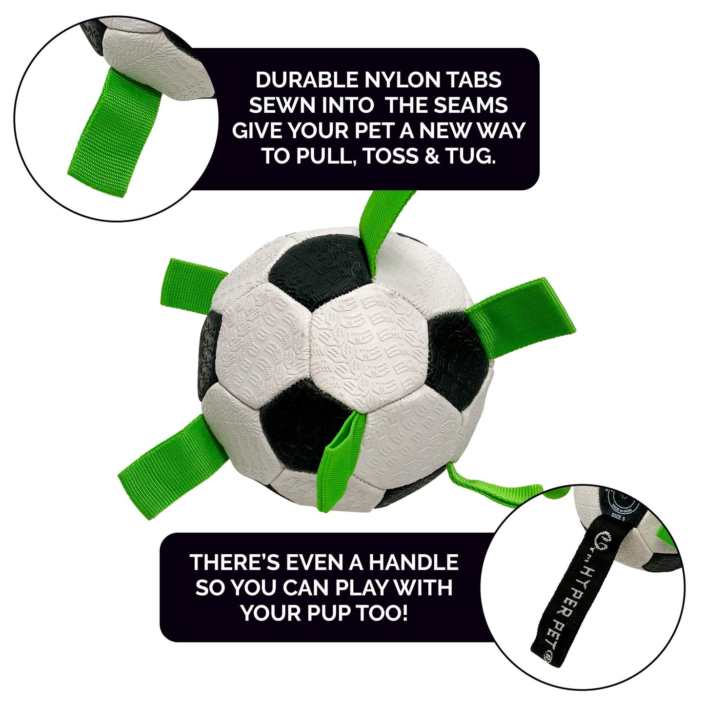Hyper Pet The Original Grab Tabs Dog Soccer Ball with Straps (5")-Indoor or Outdoor, Interactive Durable Fetch Ball with Tug Toy for All Dog Breeds