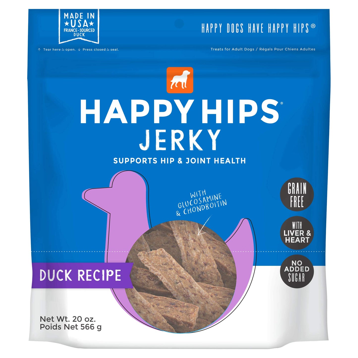 Happy Hips Jerky Dog Treats, Duck, 20 oz. Pouch