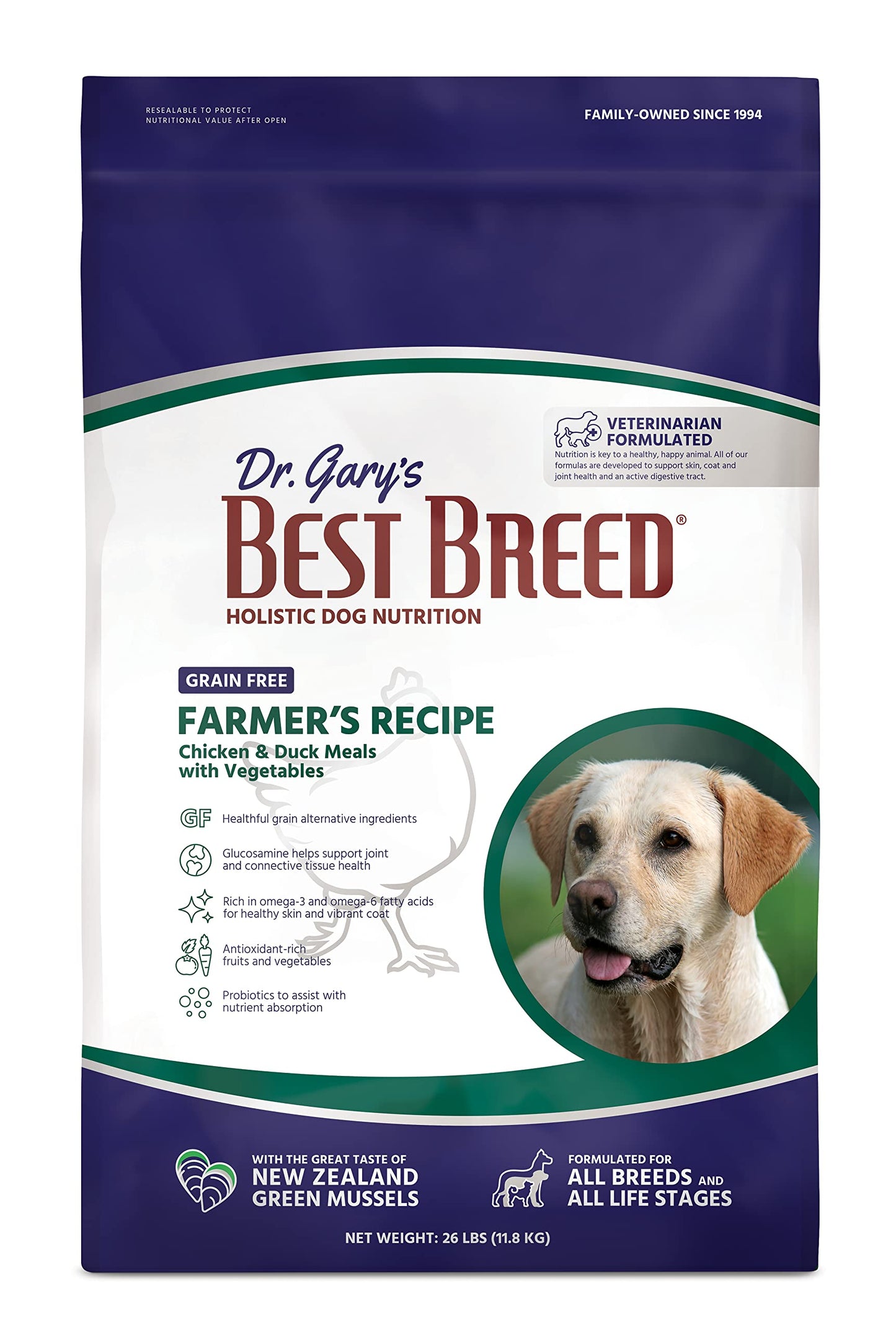 Best Breed Dr. Gary's Grain Free Farmer's Recipe Slow-Cooked in USA, Natural Dry Dog Food for All Breeds and Sizes, 26lbs.