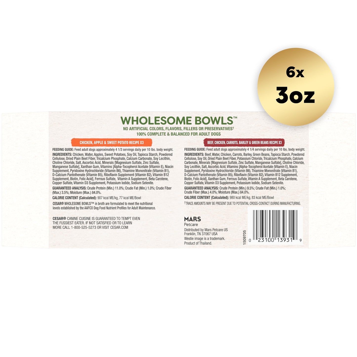 Cesar Wholesome Bowls Adult Wet Dog Food, Beef, Chicken, Carrots, Barley & Green Beans Recipe and Chicken, Apple & Sweet Potato Recipe Variety Pack, 3 oz. (6 Count, Pack of 1)