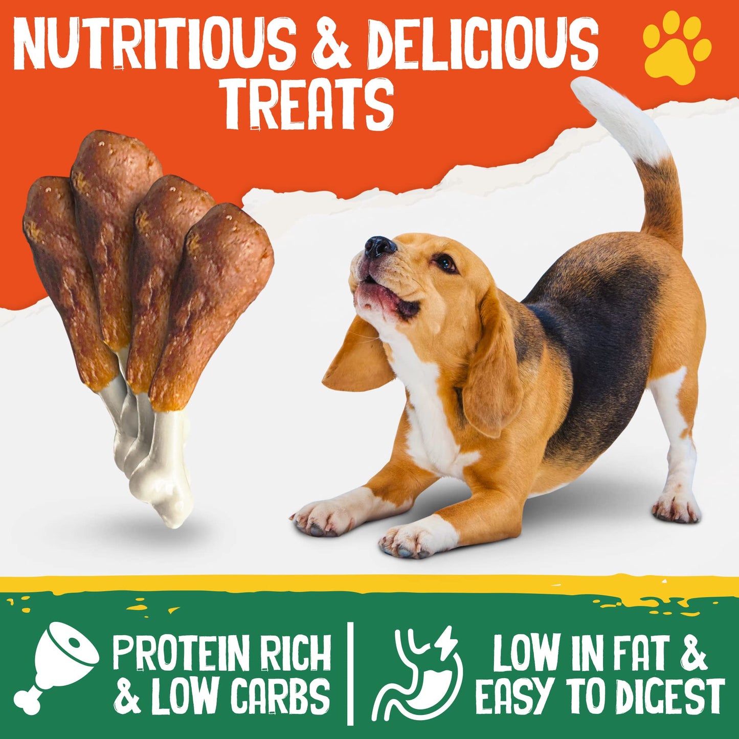 Dog Treats, Rawhide Free, Chewy Cooked Chicken Calcium Bone, Training Treats, Wrapped Drumsticks, Small Medium, Large Dogs.