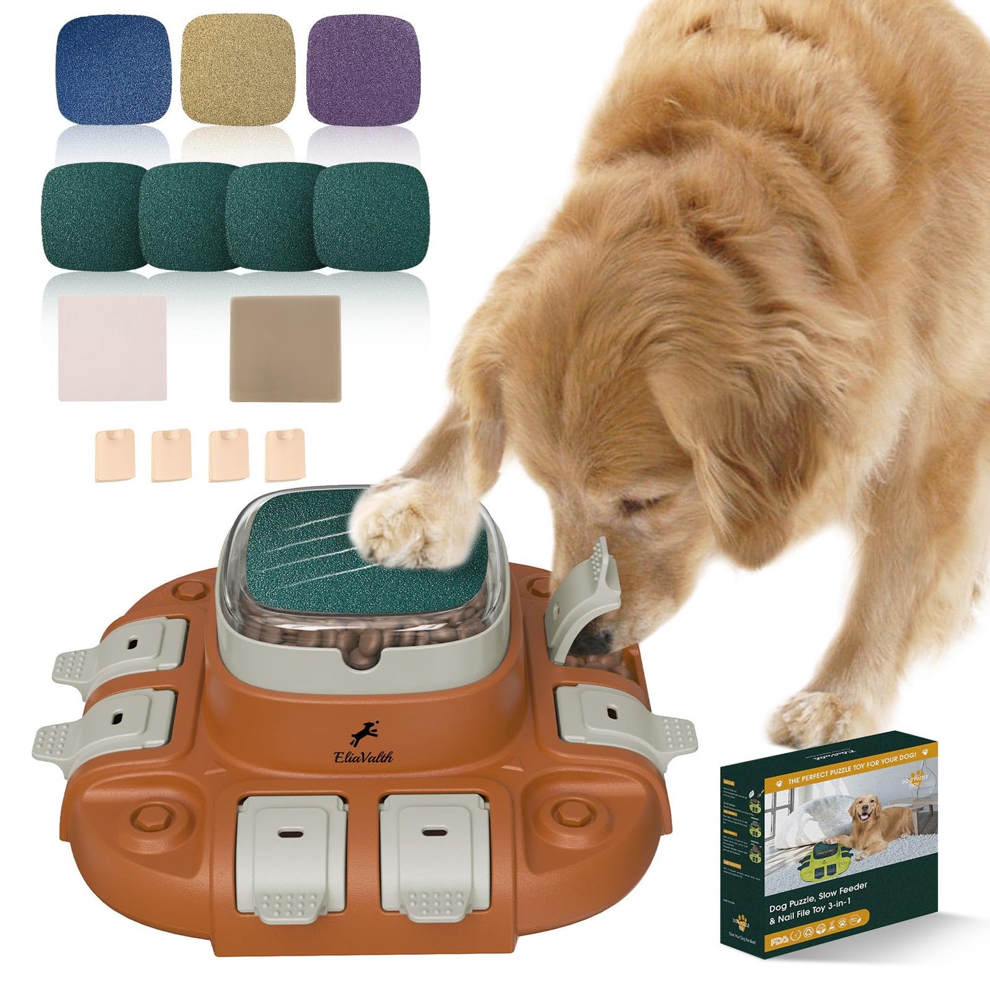 EliaValth Dog Puzzle, 3-in-1 Dog Toy: Interactive Dog Toys, Puzzle, Slow Feeder Dog Bowls & Nail File Orange