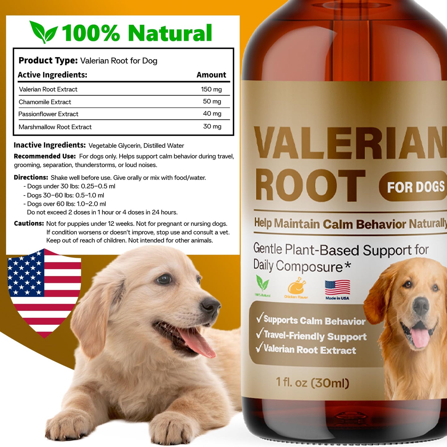 Valerian Root for Dogs, Natural Calming Support for Environmental Stress, Vet Visits, Travel & Time Spent Home Alone, Herbal Supplement, 30ml