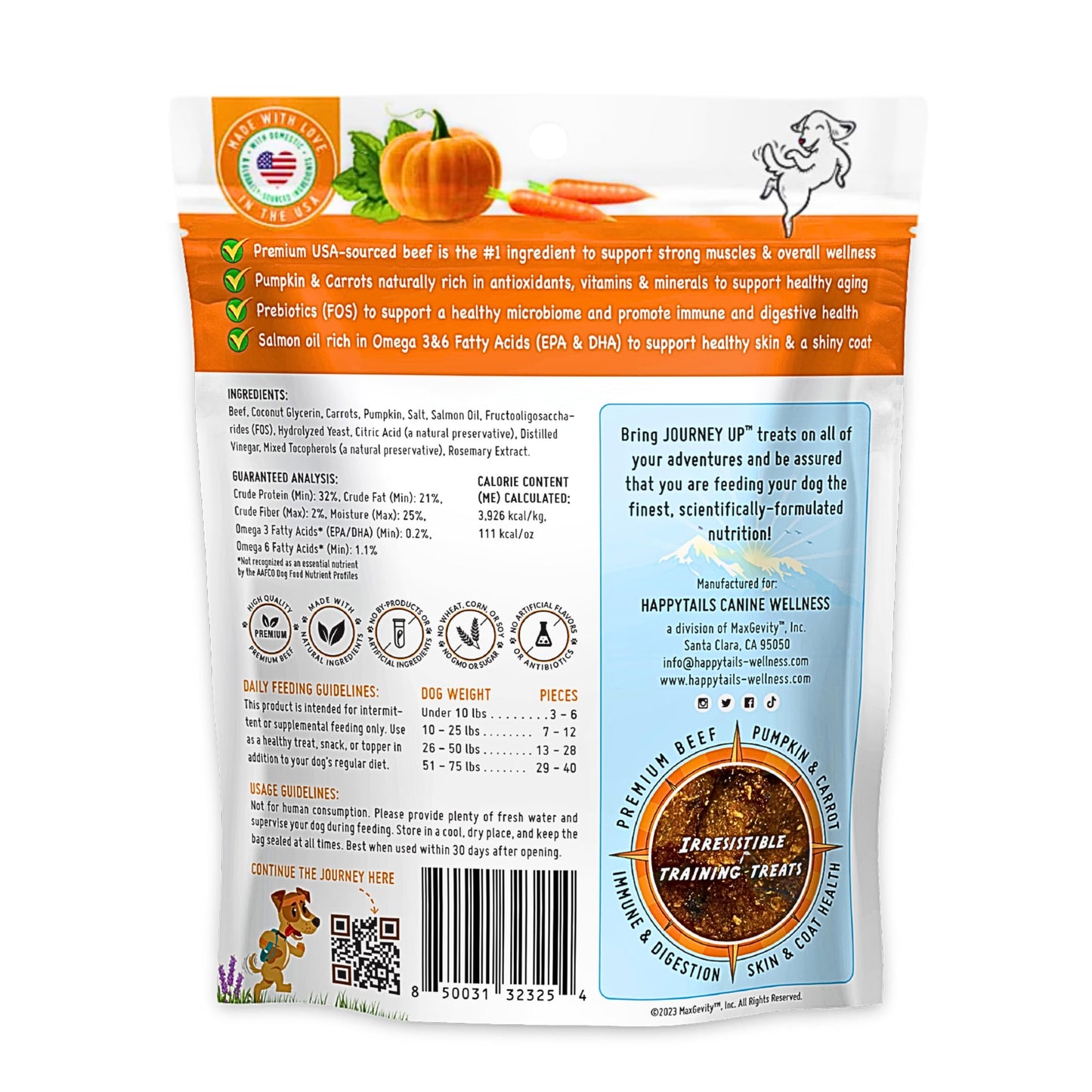 HappyTails Journey Up, Pumpkin Power Up Jerky Treats for Dogs with Beef, Pumpkin & Carrots-Made in USA-Prebiotics for Gut & Immune Health, Omega 3 & 6 for Skin & Coat, Small-Large Dogs, 6 oz.
