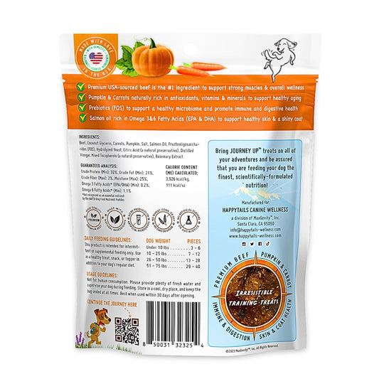 HappyTails Journey Up, Pumpkin Power Up Jerky Treats for Dogs with Beef, Pumpkin & Carrots-Made in USA-Prebiotics for Gut & Immune Health, Omega 3 & 6 for Skin & Coat, Small-Large Dogs, 6 oz.